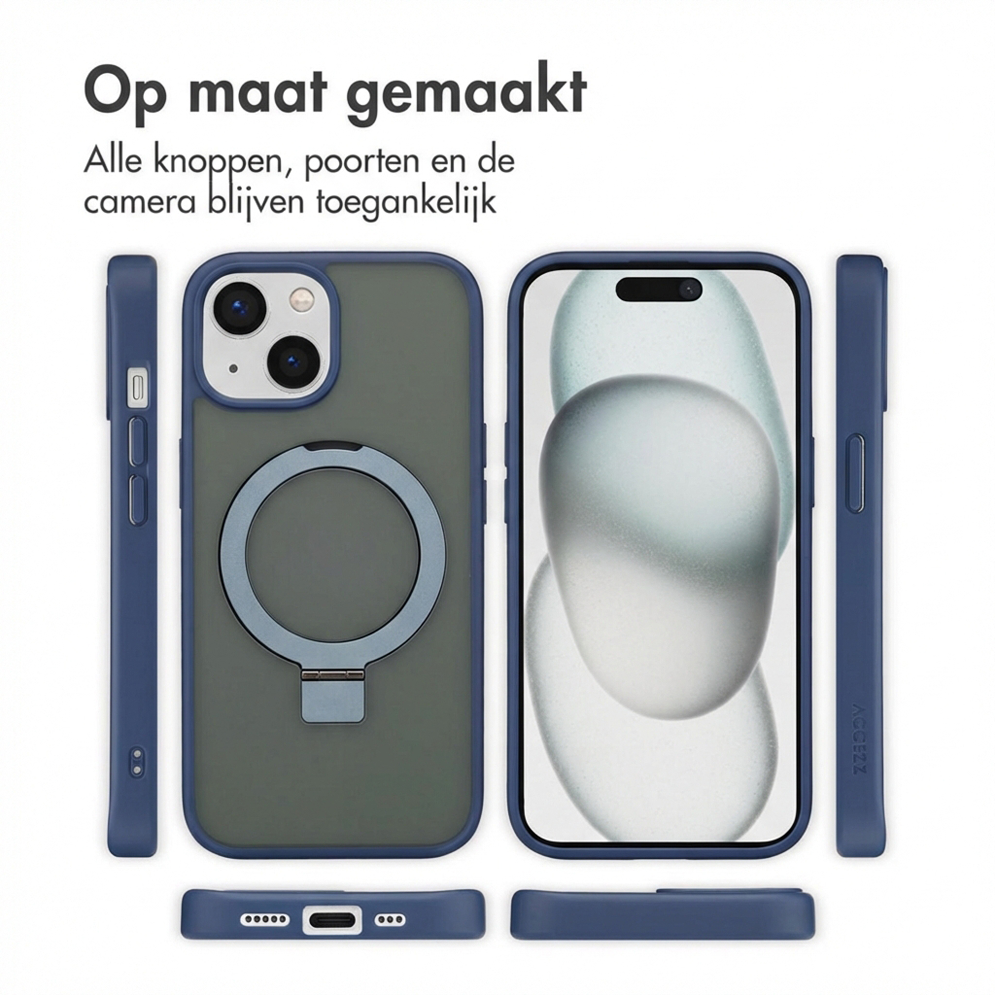 Blue phone case with ring holder and cutouts for buttons and ports.