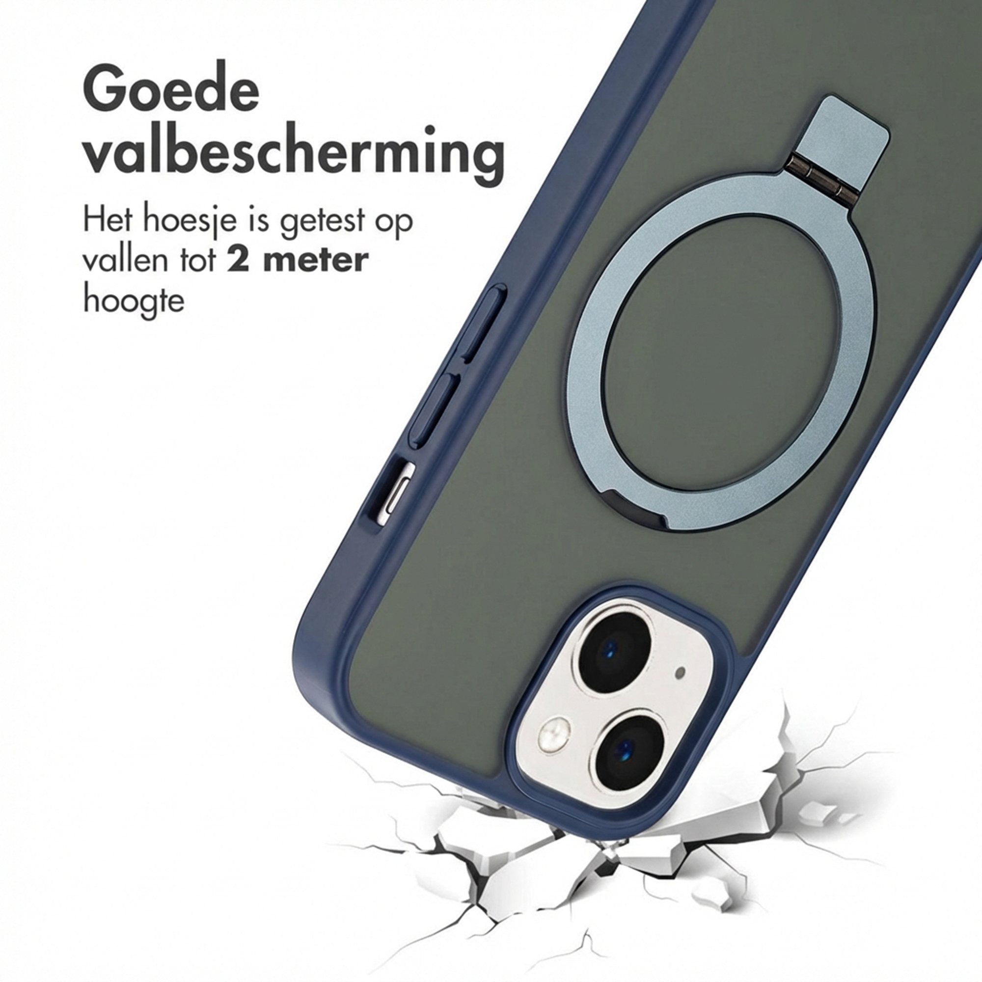 Dark green phone case with blue trim and ring holder, lying on cracked ground.