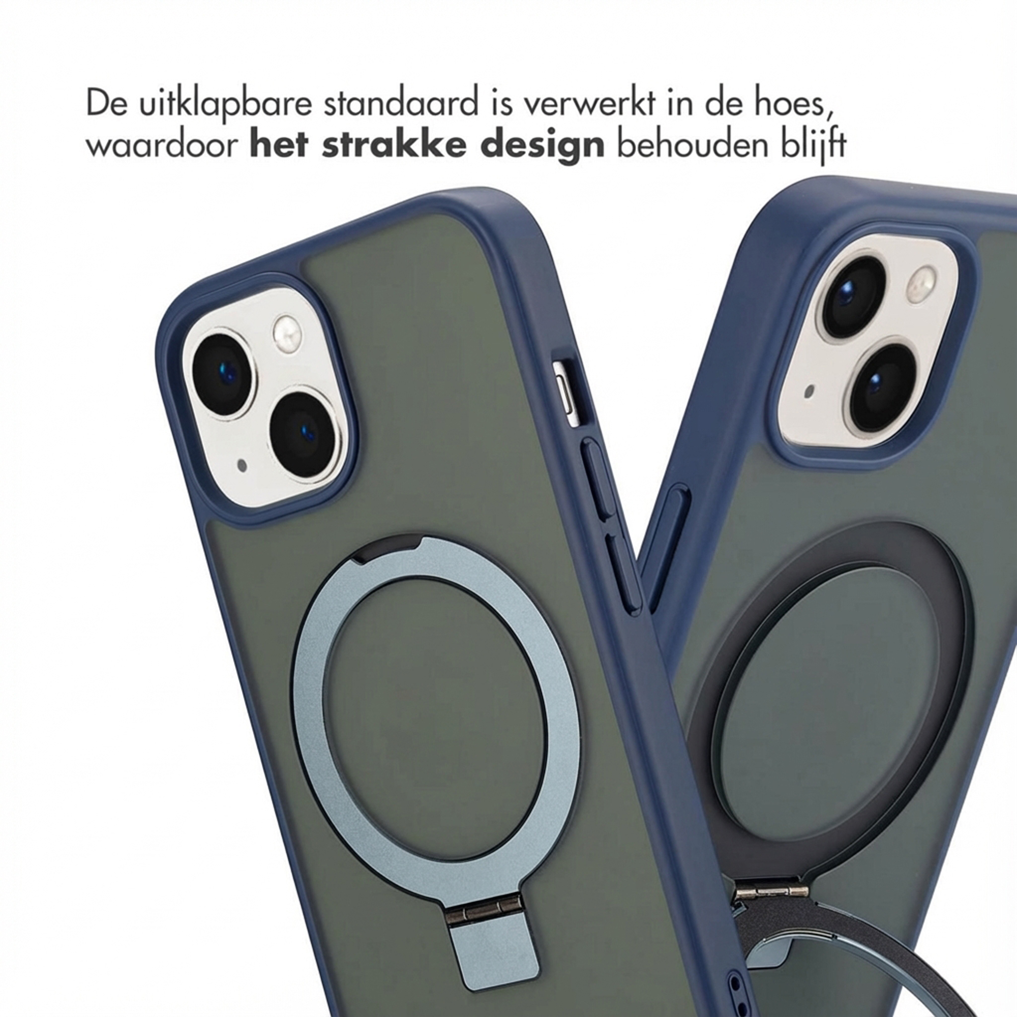 Two olive green phone cases with blue edges and ring stands.