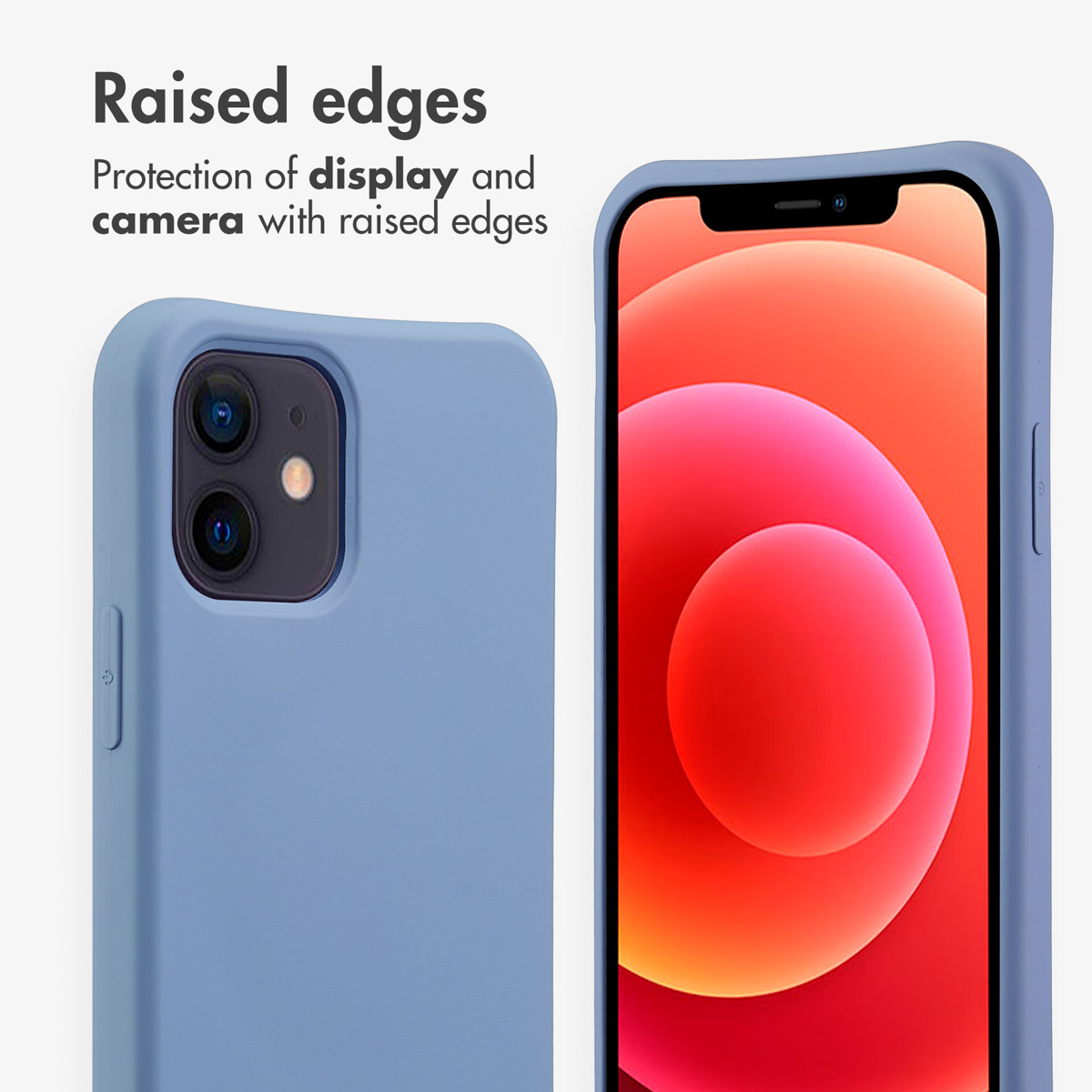 Custodia blu per telefono con bordi rialzati mostra fotocamera e schermo.