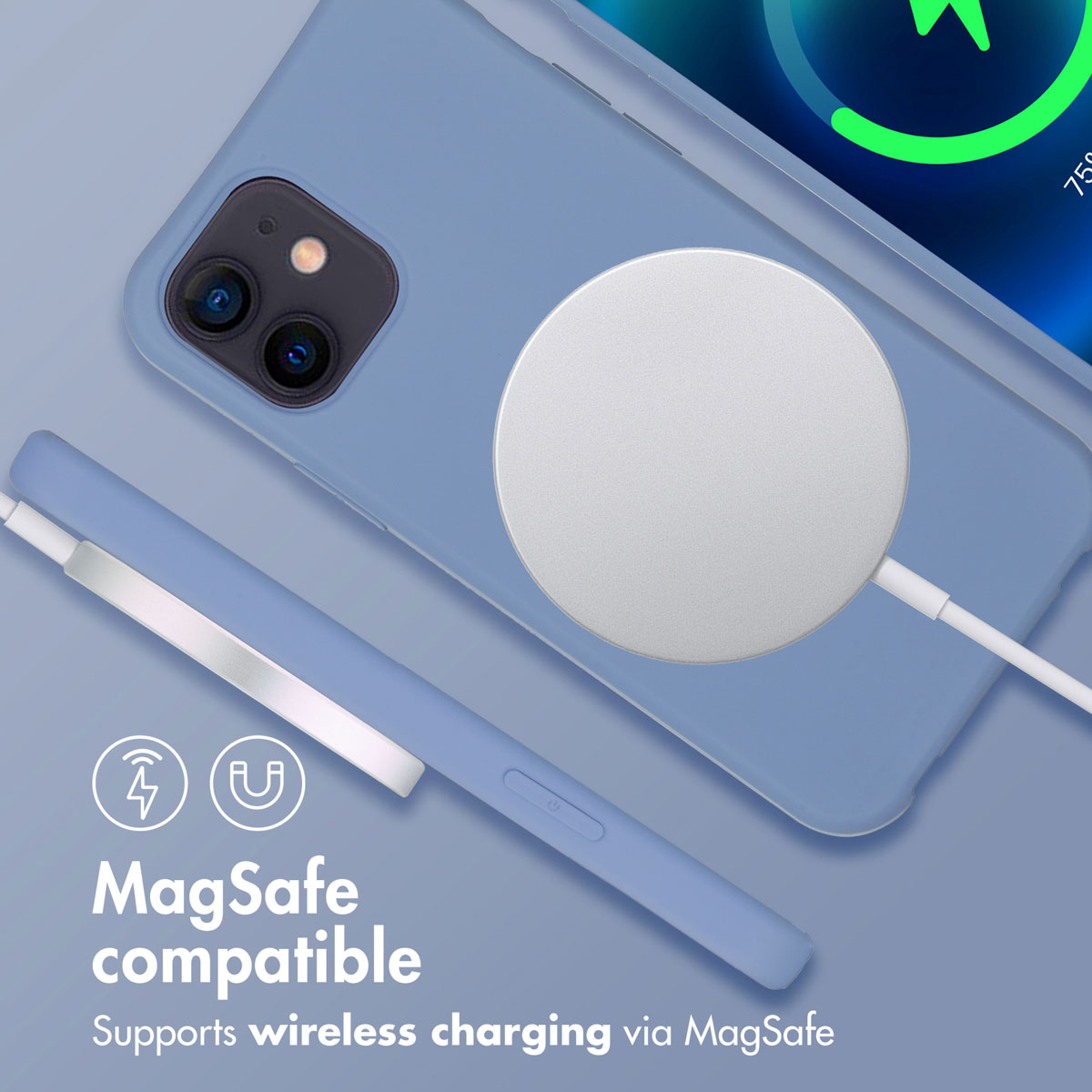 Una cover blu per telefono con caricatore MagSafe attaccato. Testo: Compatibile MagSafe.