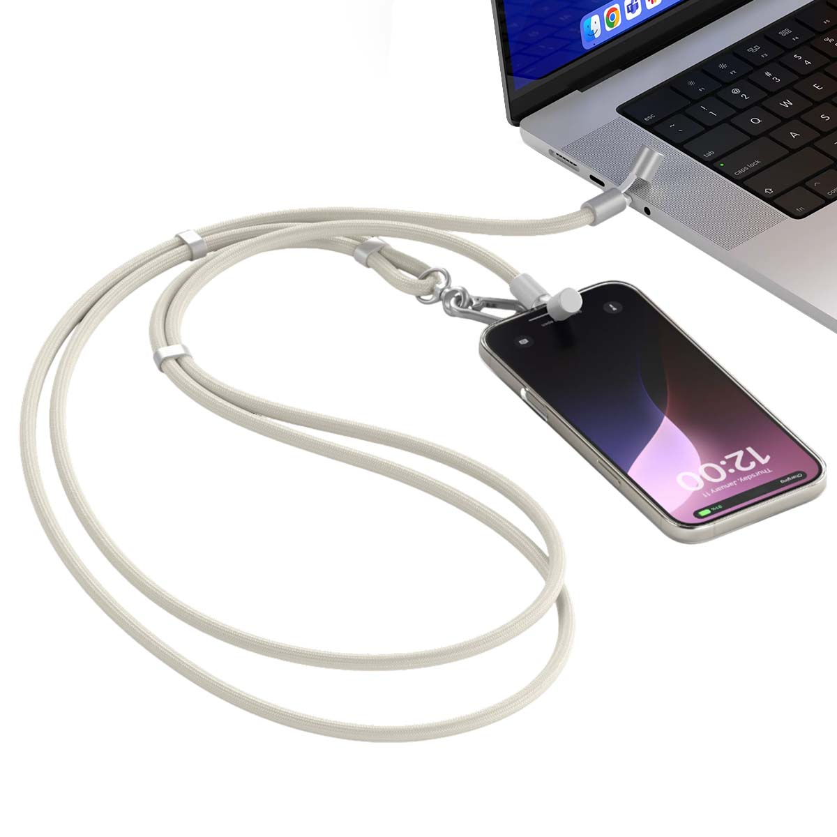 Ein Smartphone ist über ein Kabel an einen Laptop angeschlossen.