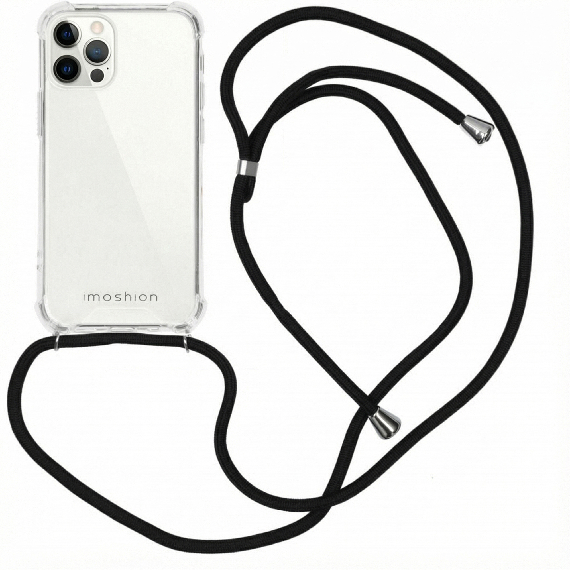 Una cover trasparente per telefono con cordino nero su sfondo bianco.