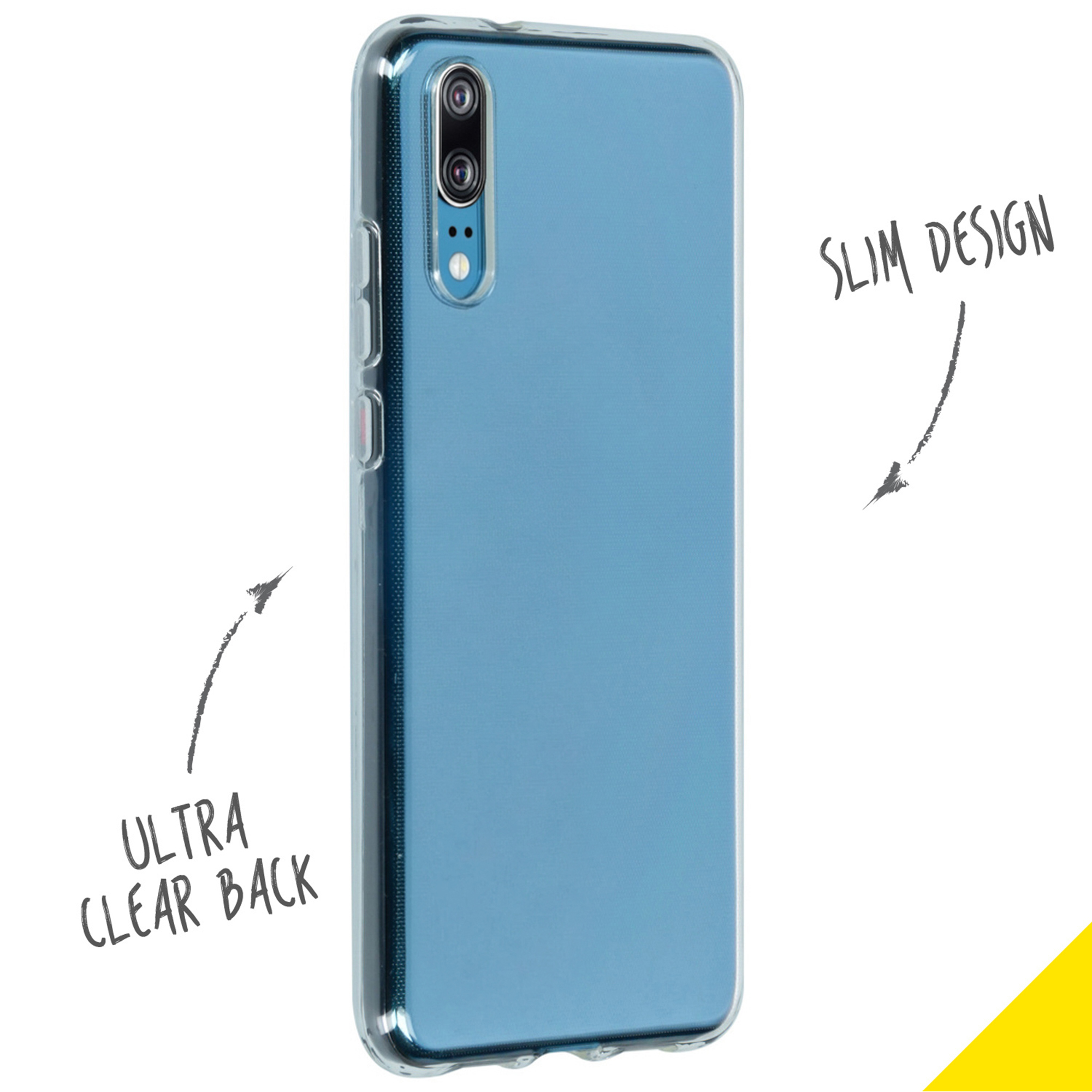 Clear blue phone case with camera cutout and text.
