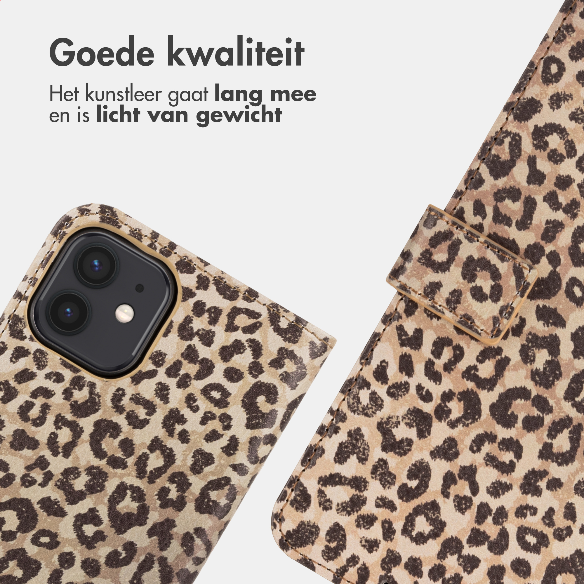Una custodia per telefono con stampa leopardata che mostra un iPhone.