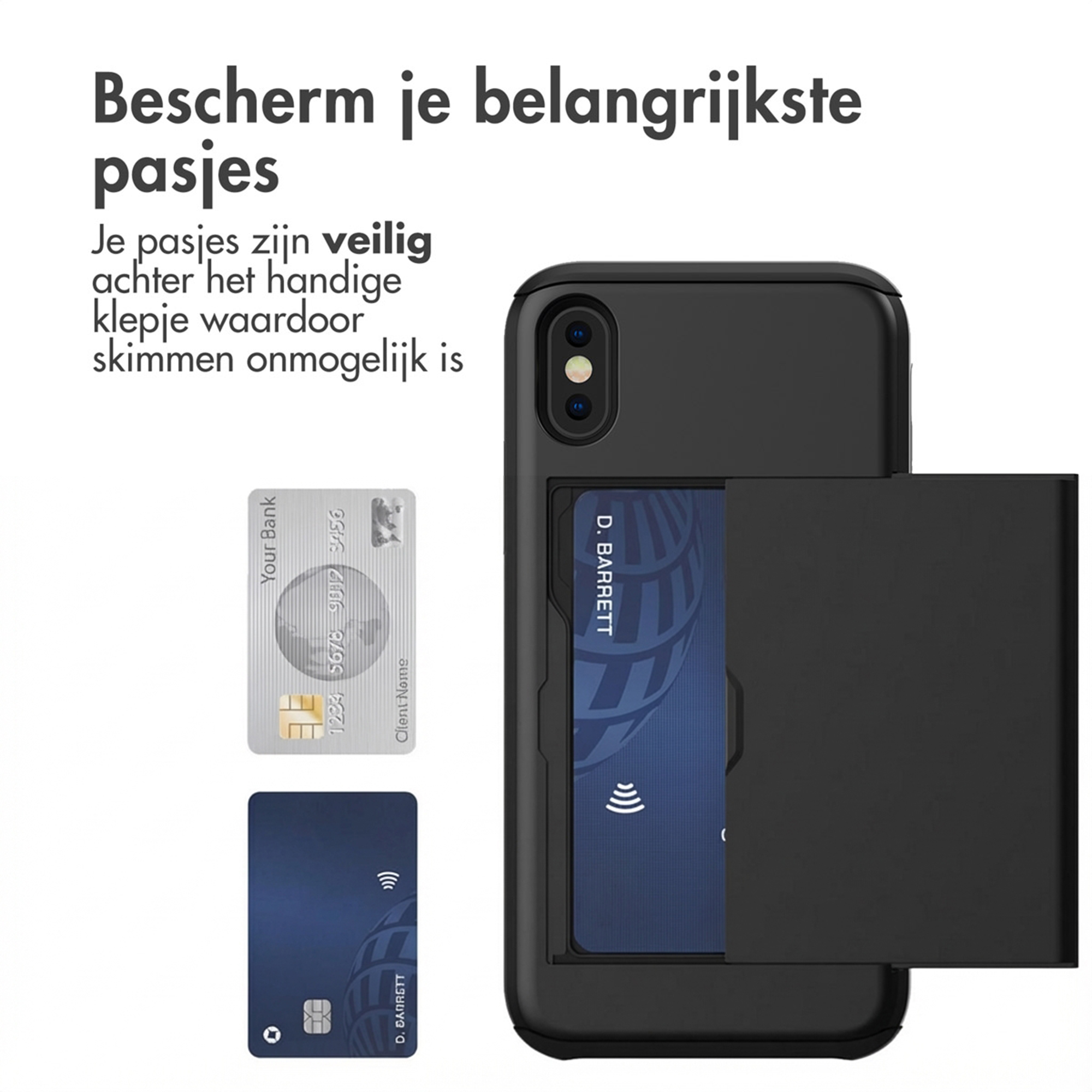 Un téléphone noir avec un porte-cartes contenant deux cartes. Cartes de crédit argentées et bleues.