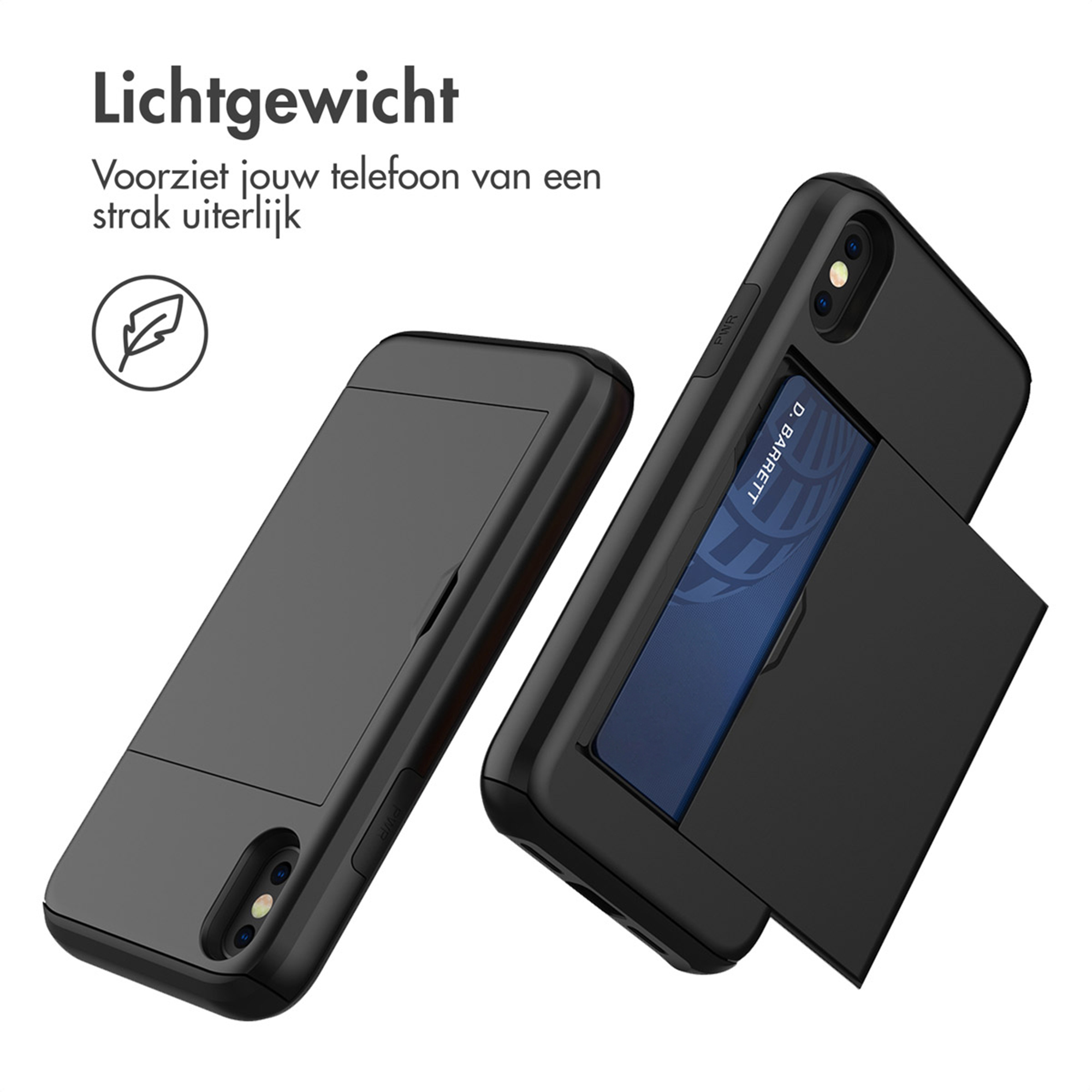 Deux coques de téléphone noires, l'une avec un emplacement pour carte, sont côte à côte.