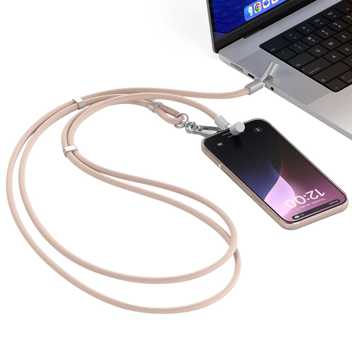 Eine beige Lanyard verbindet ein Handy über ein USB-C-Kabel mit einem Laptop.
