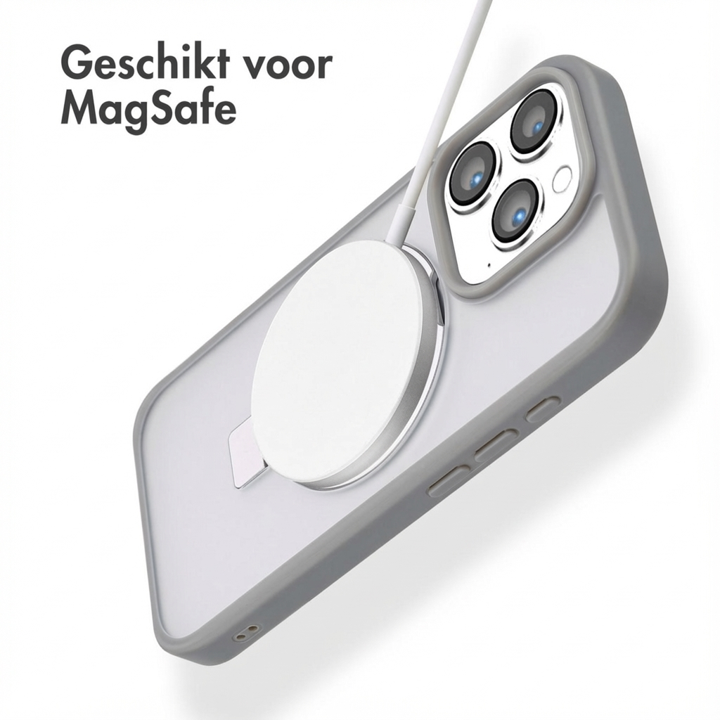 Custodia grigia per telefono con caricatore MagSafe bianco e modulo.