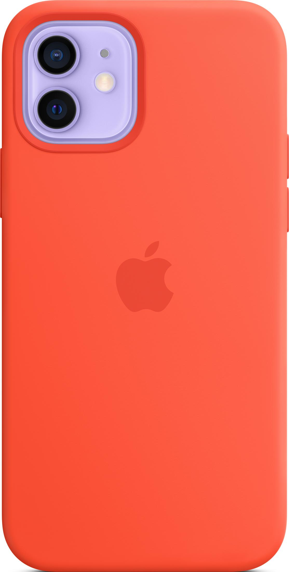 Orange phone case with Apple logo and camera cutout.