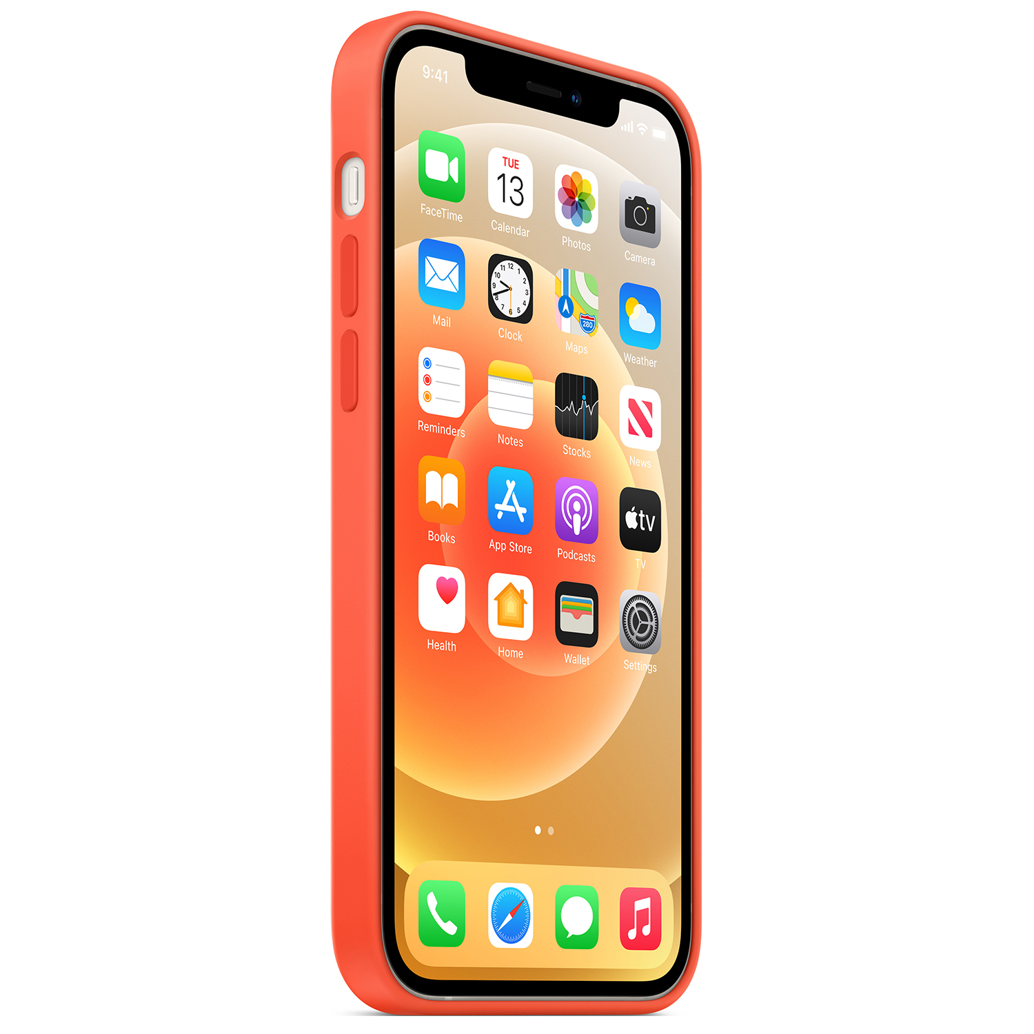 An iPhone in an orange case displays its home screen with various app icons. The time is 9:41.