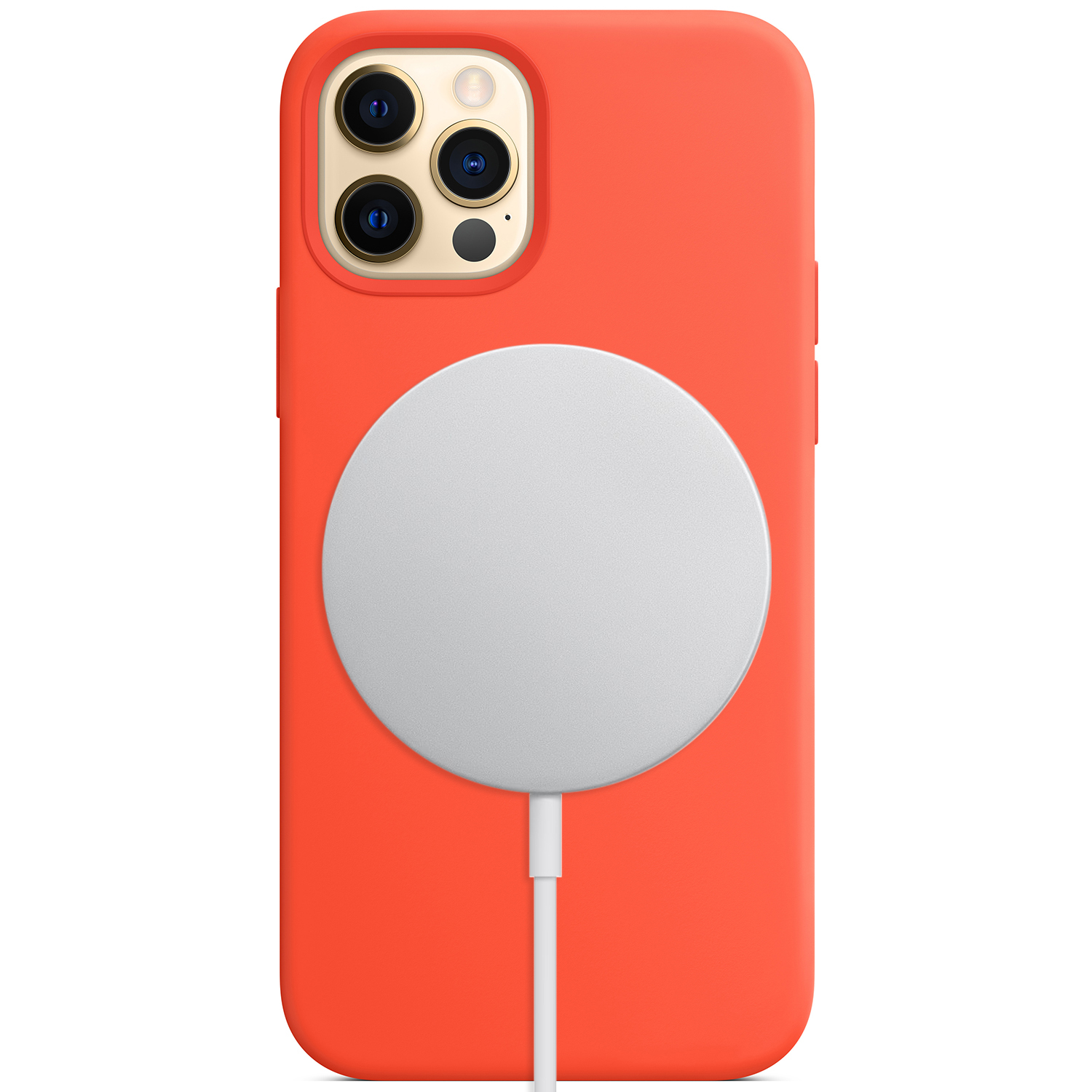 Red phone case with MagSafe charger and white cable.