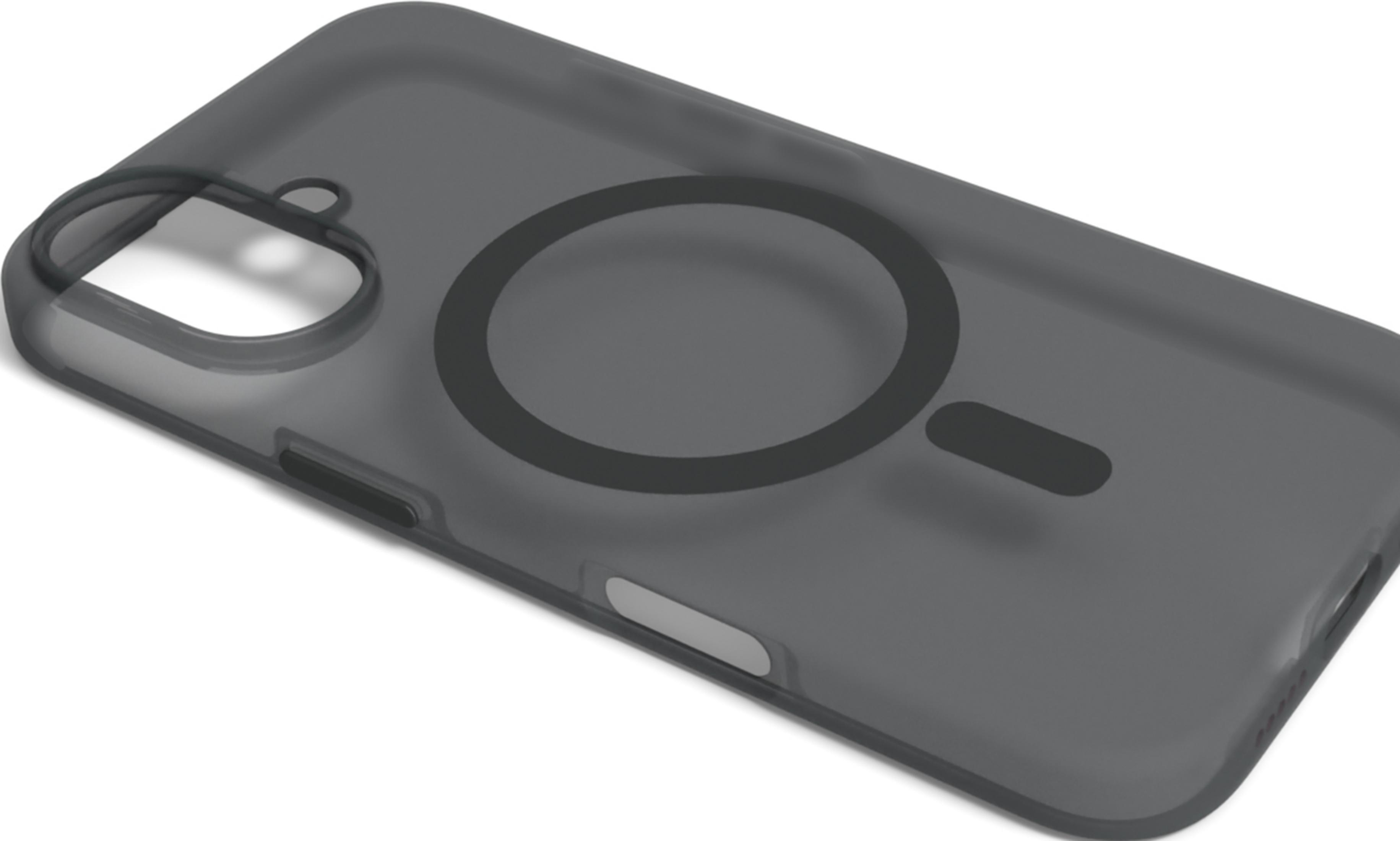 Custodia per telefono grigio scuro fumé con anello MagSafe e ritagli.