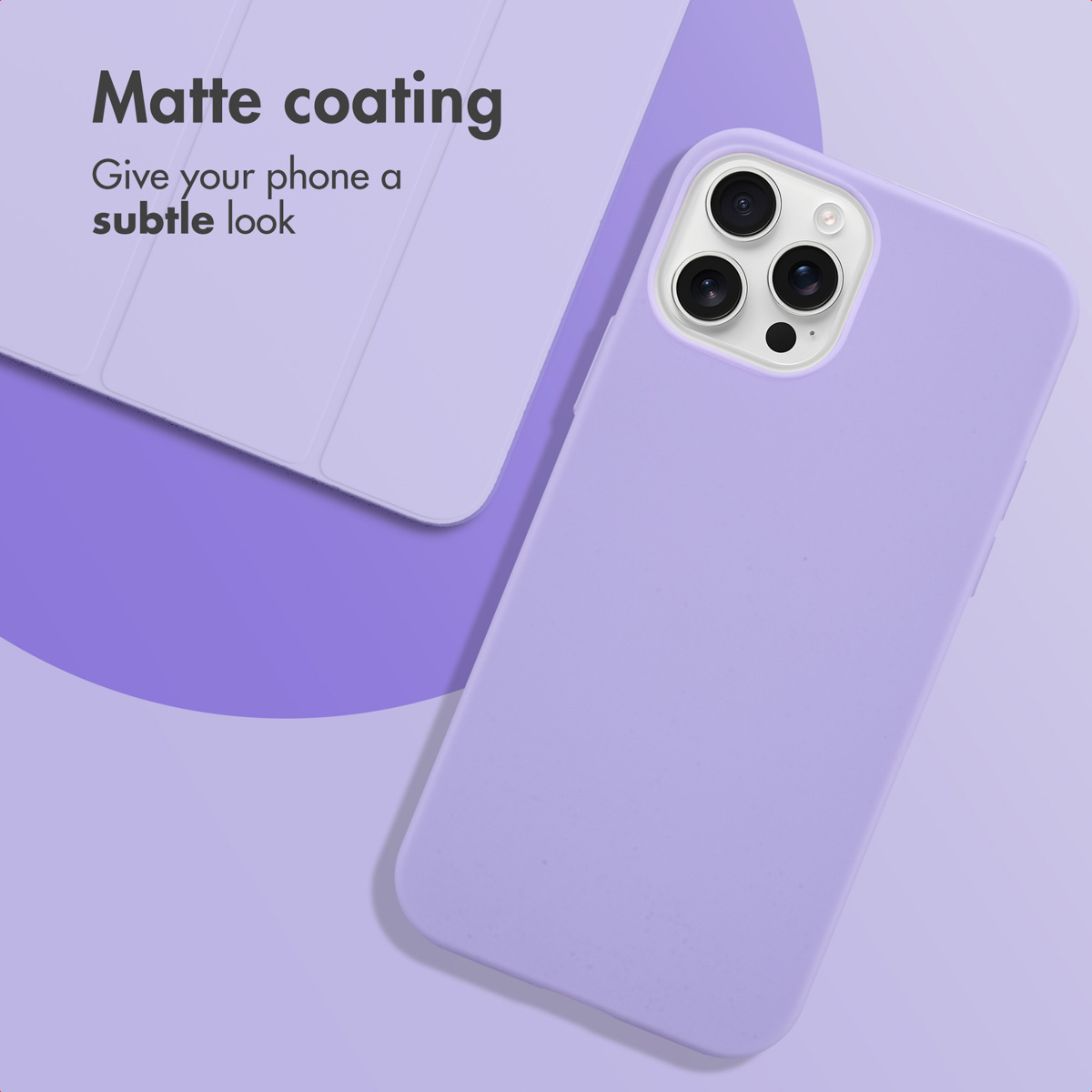 Een lavendelkleurige telefoonhoes op een achtergrond met tekst.