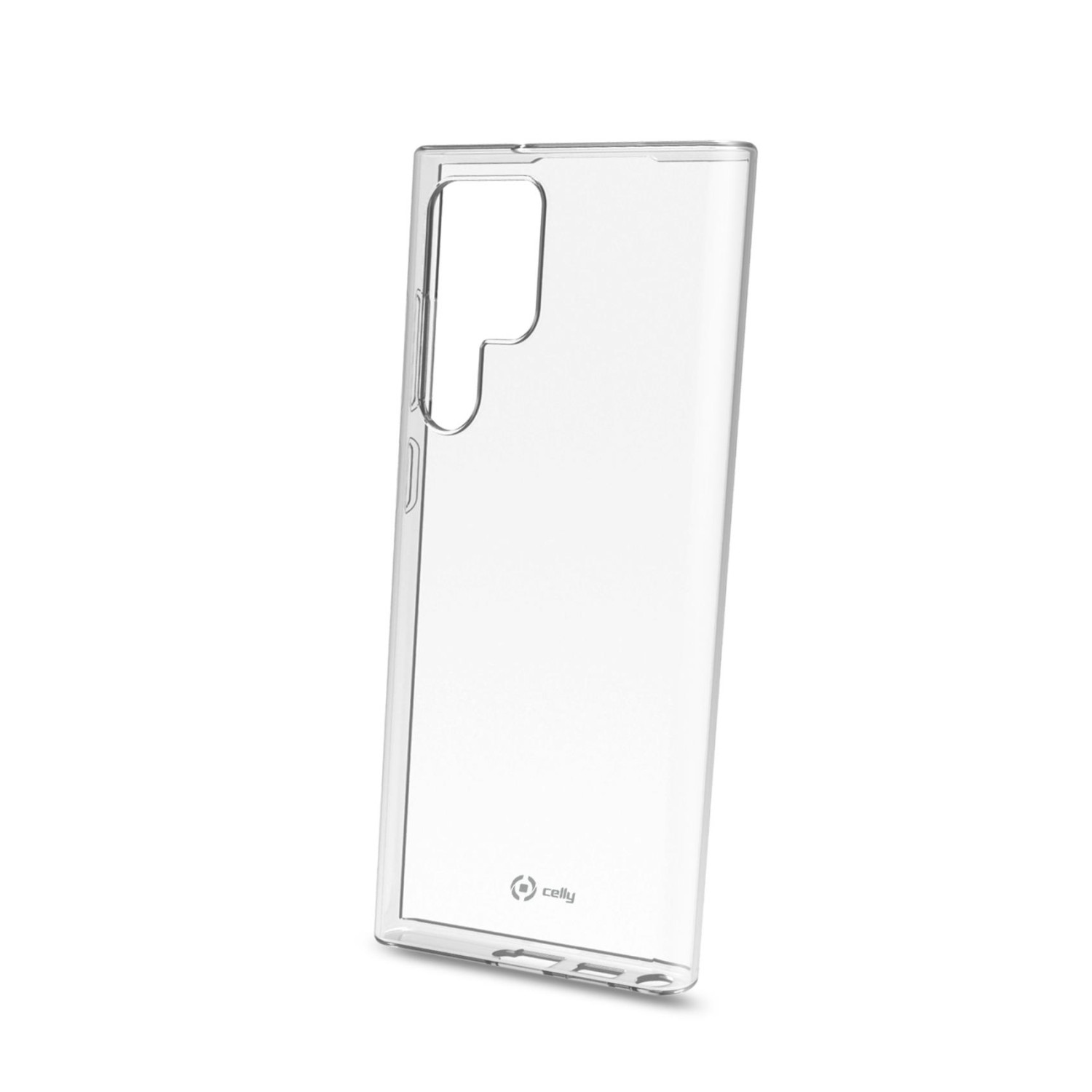 Custodia trasparente per telefono con ritaglio fotocamera e logo su sfondo bianco.