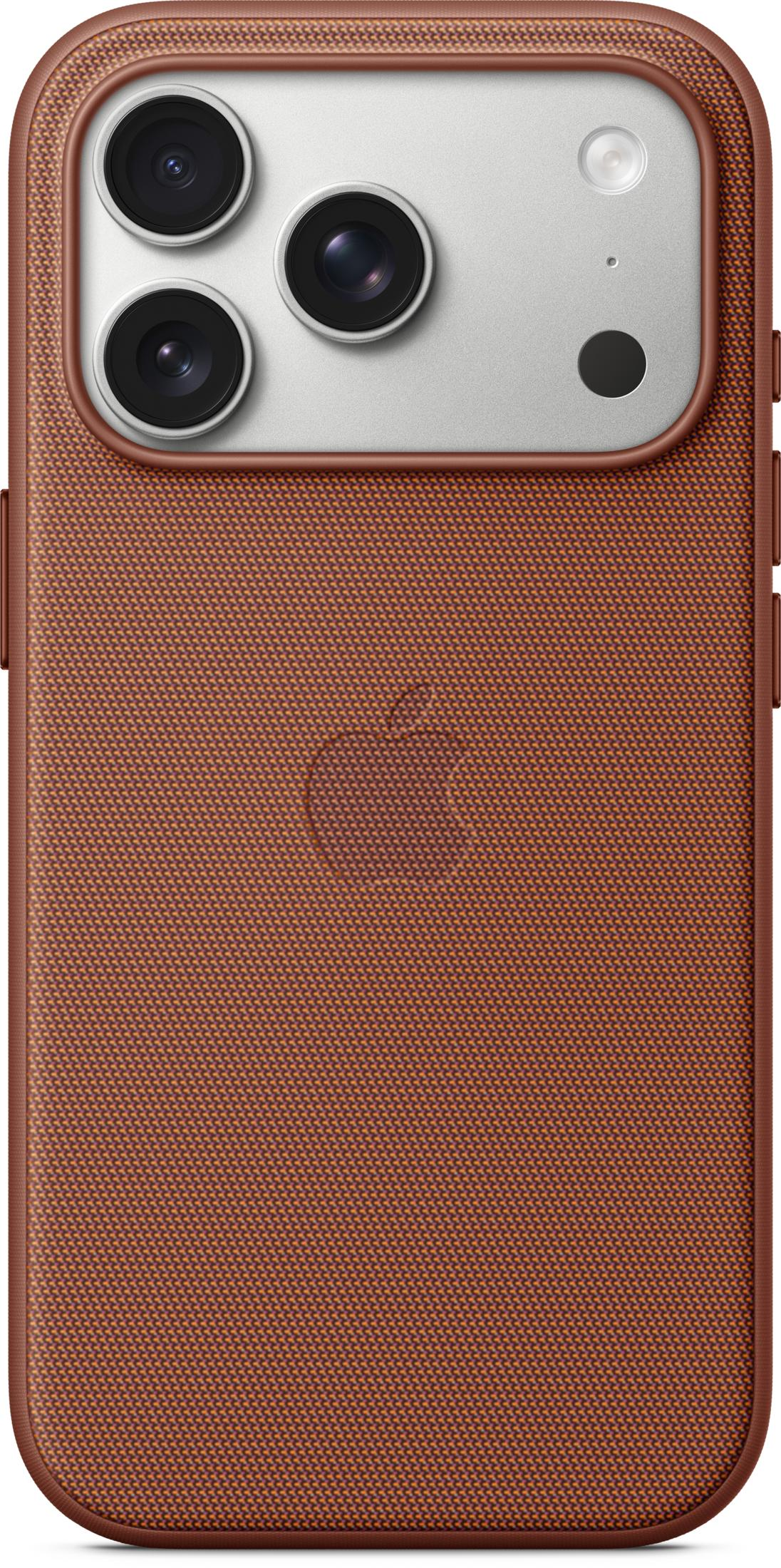 Retro di un iPhone marrone con tre fotocamere e logo Apple.