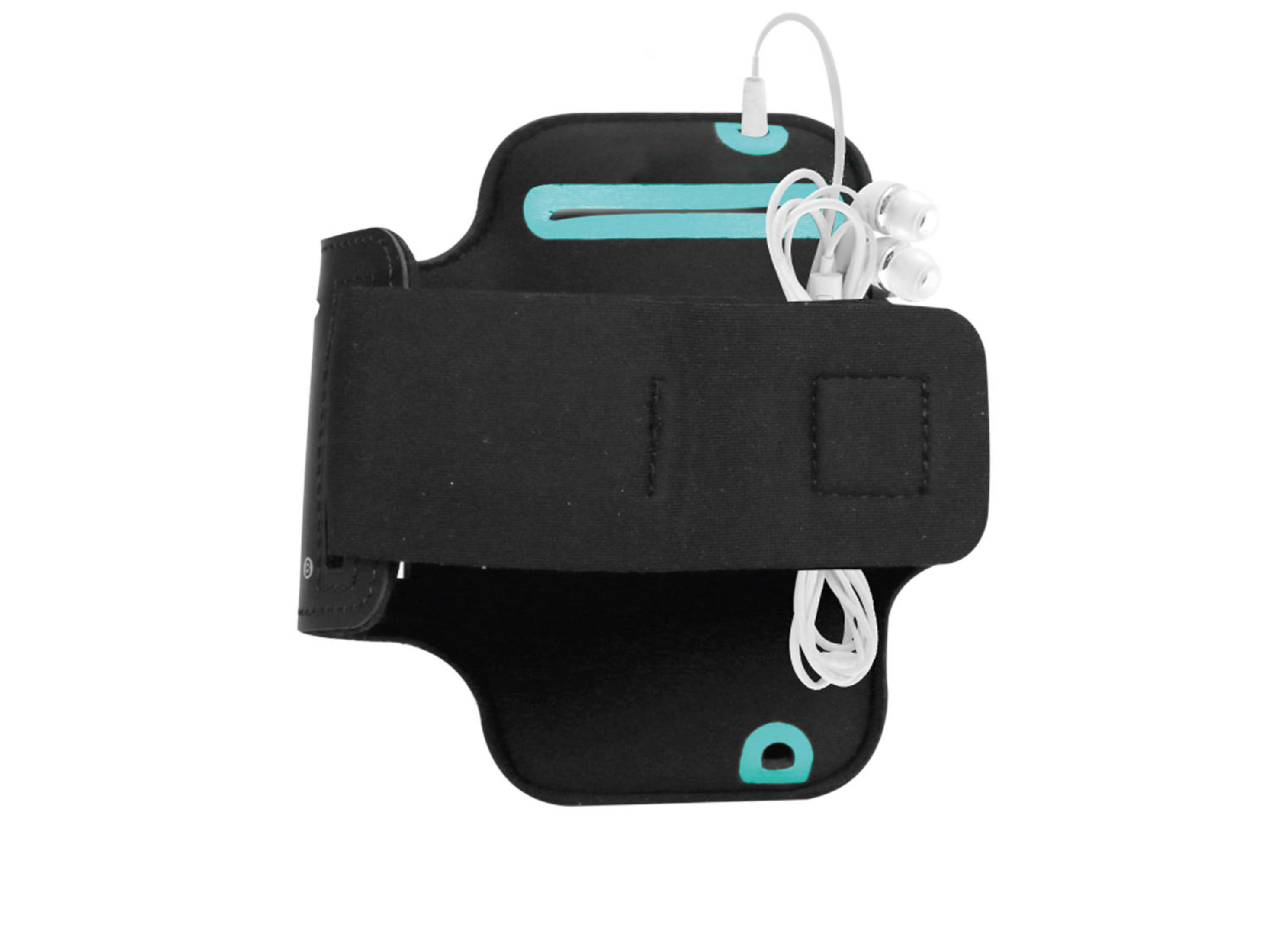 Fascia sportiva nera con auricolari bianchi e accenti turchesi.