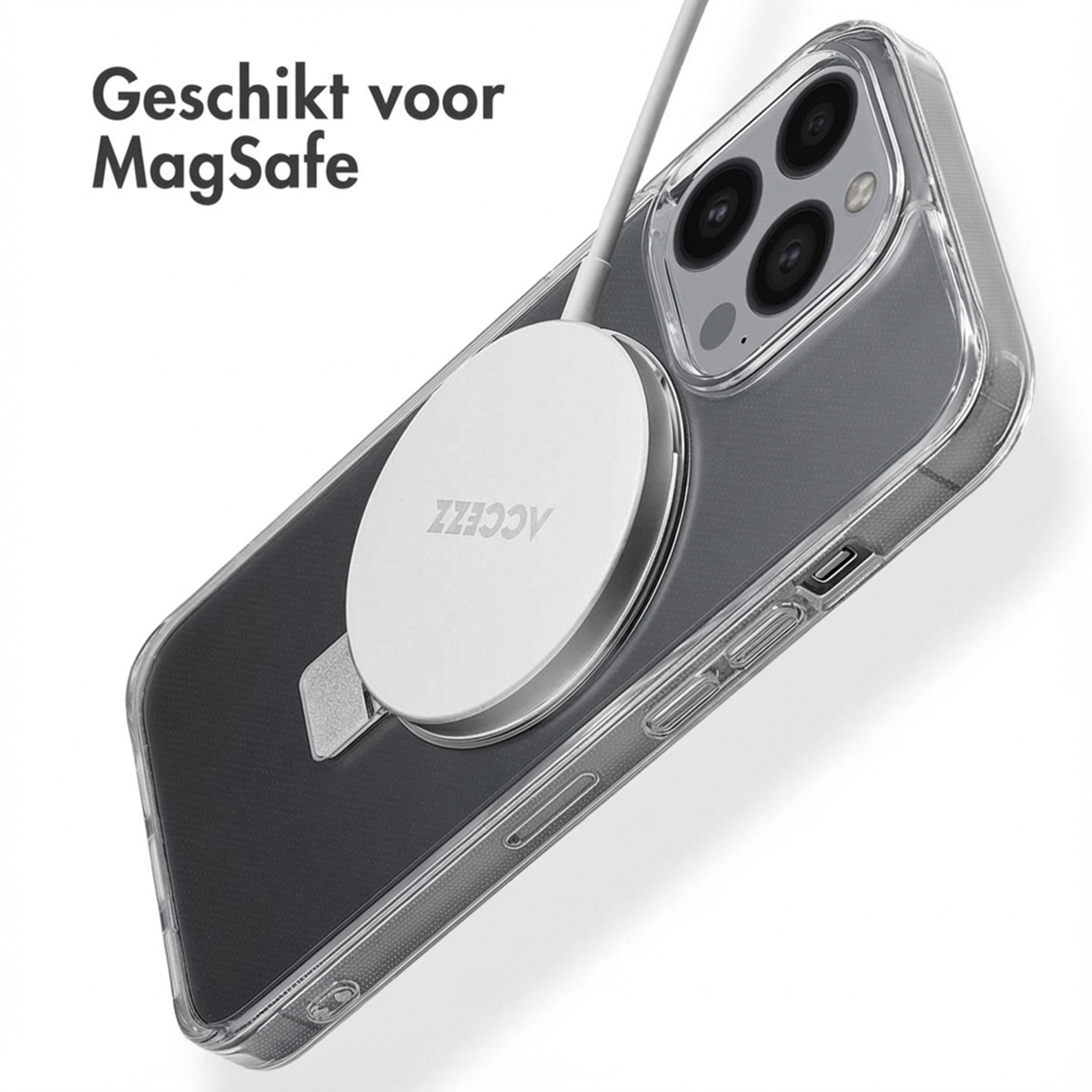 Ein durchsichtiges iPhone-Case mit MagSafe-Ladegerät und Kabel.