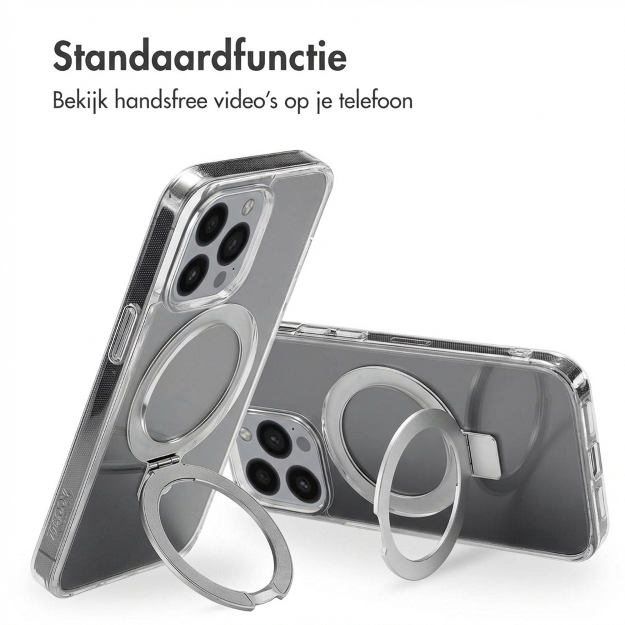 Zwei transparente Handyhüllen mit integrierten silbernen Ringhaltern.