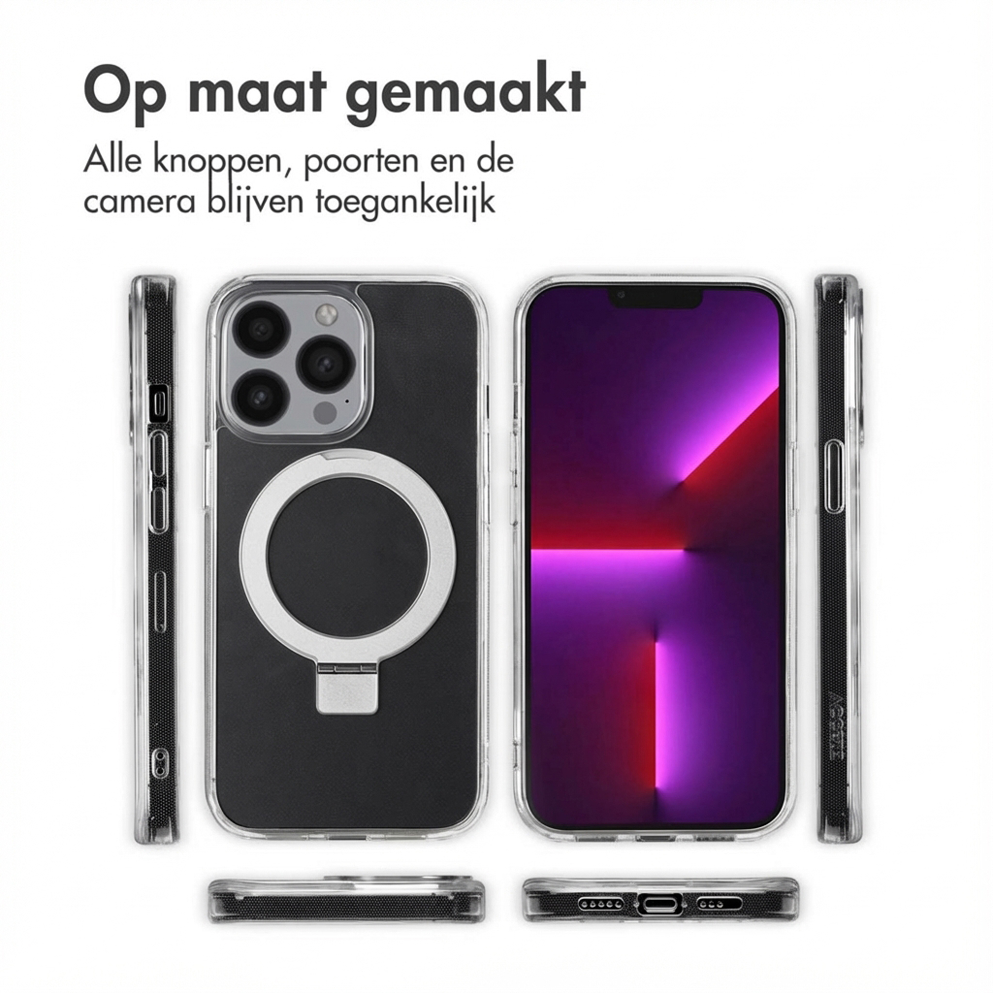 Ein durchsichtiges iPhone-Case mit schwarzem Hintergrund und MagSafe-Ring.