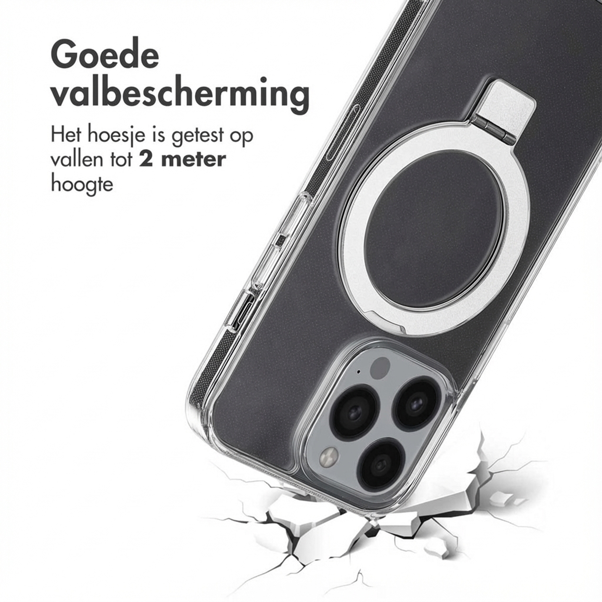 Schwarzes Handyhülle mit Ring, die auf gebrochenem Boden liegt.