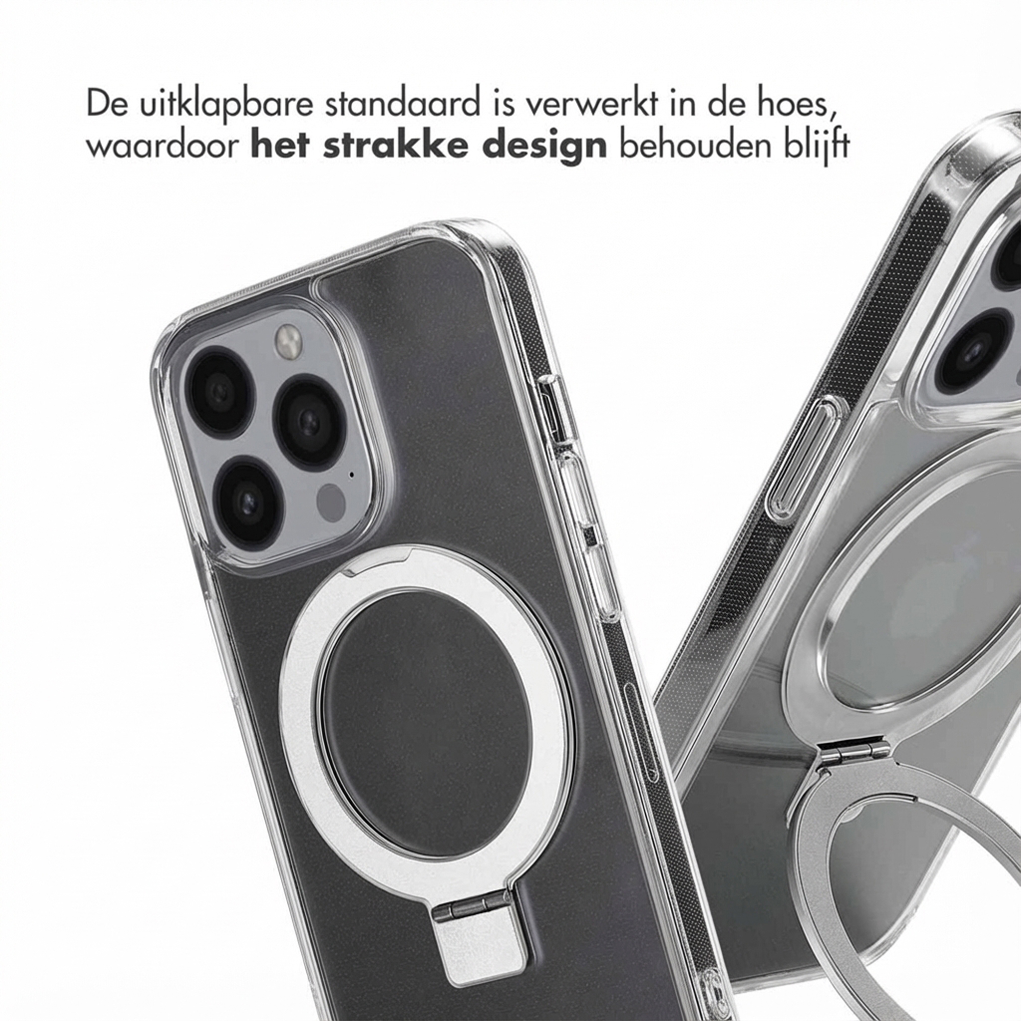 Transparente Handyhülle mit integriertem silbernen Ringständer.