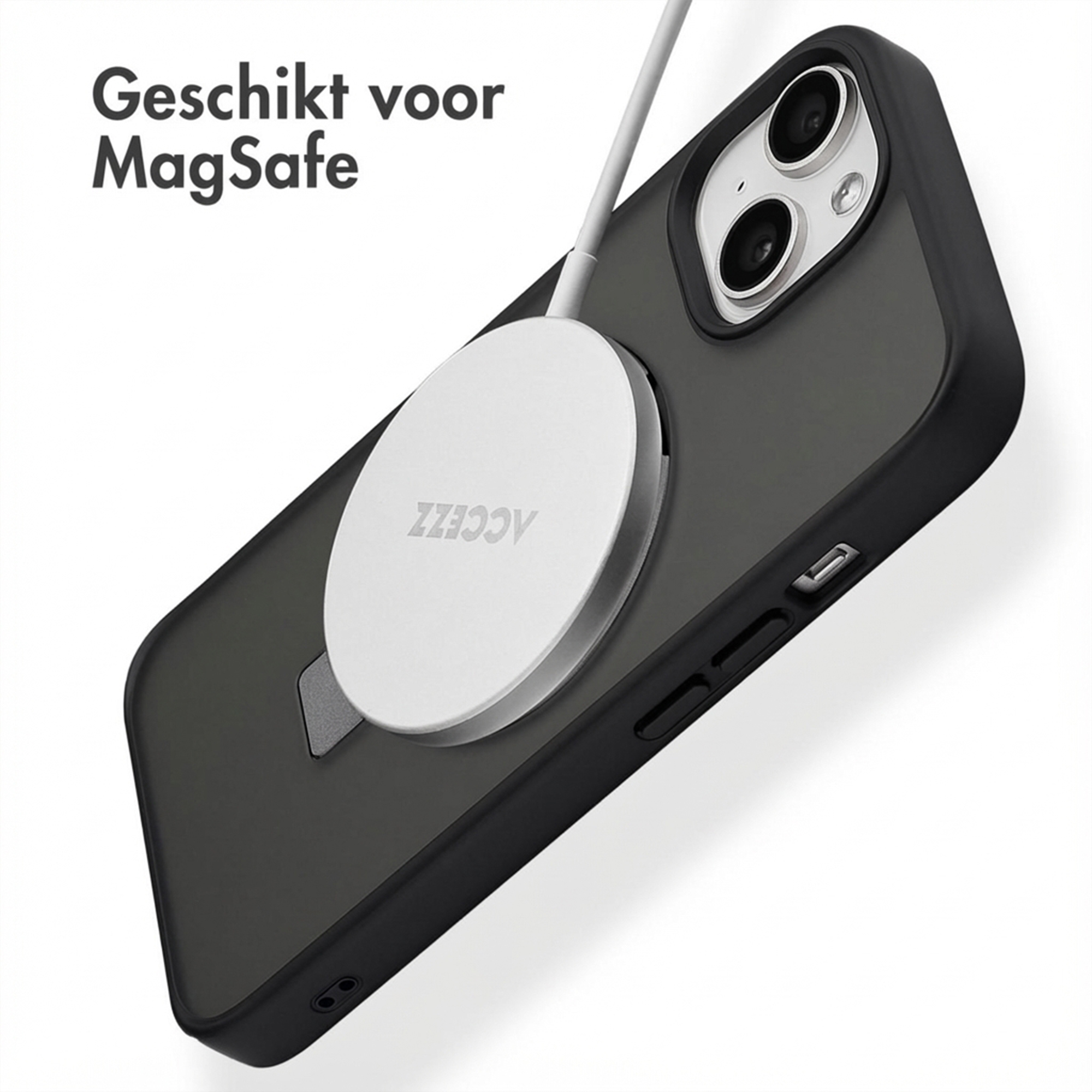 Black iPhone with a MagSafe charger attached to the back.