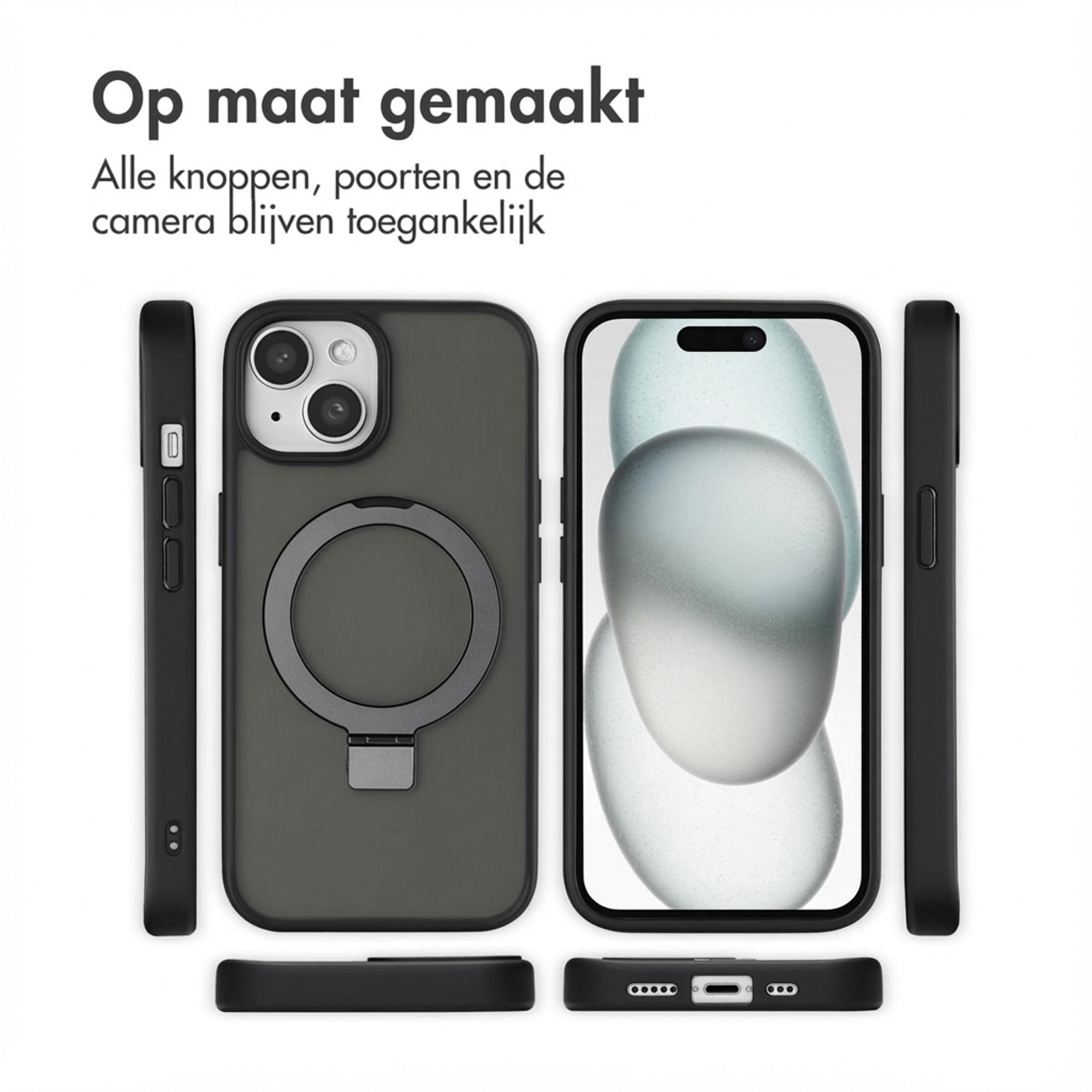 Black phone case with ring holder, showing front and back views.
