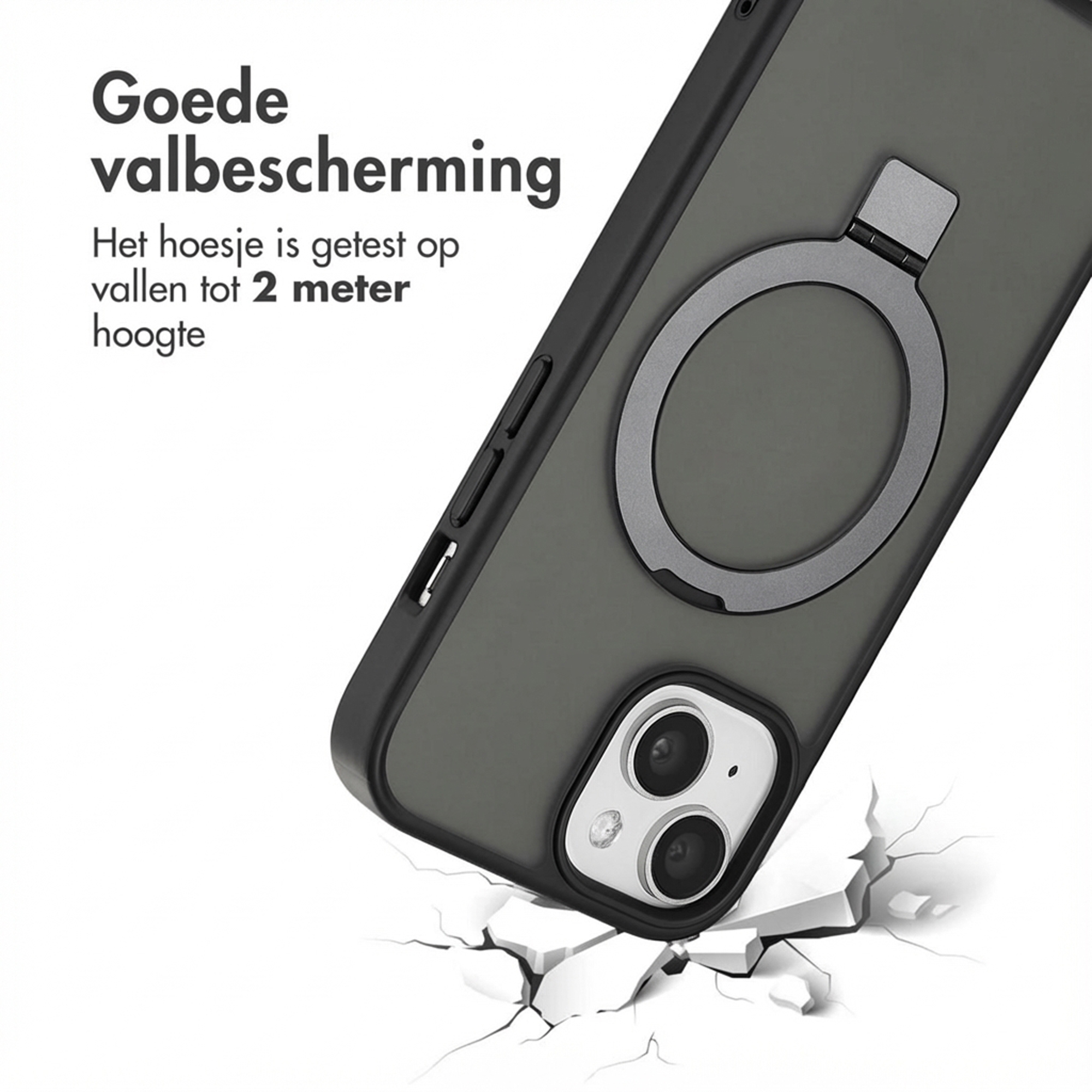 Gray phone case with ring falling on cracked ground.