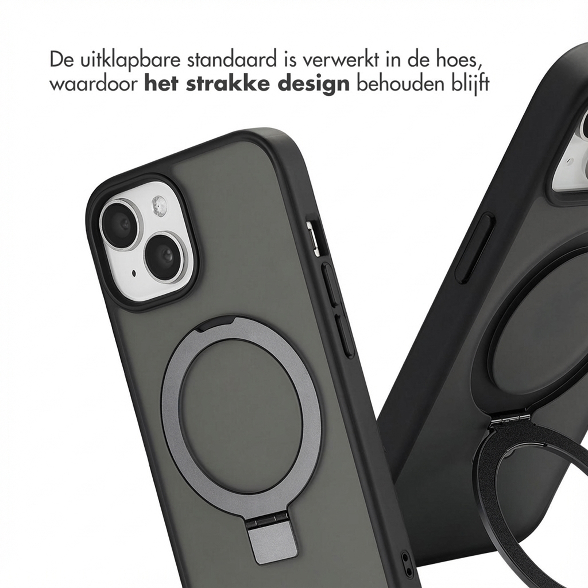 Two dark phone cases with integrated ring stand and camera cutout.