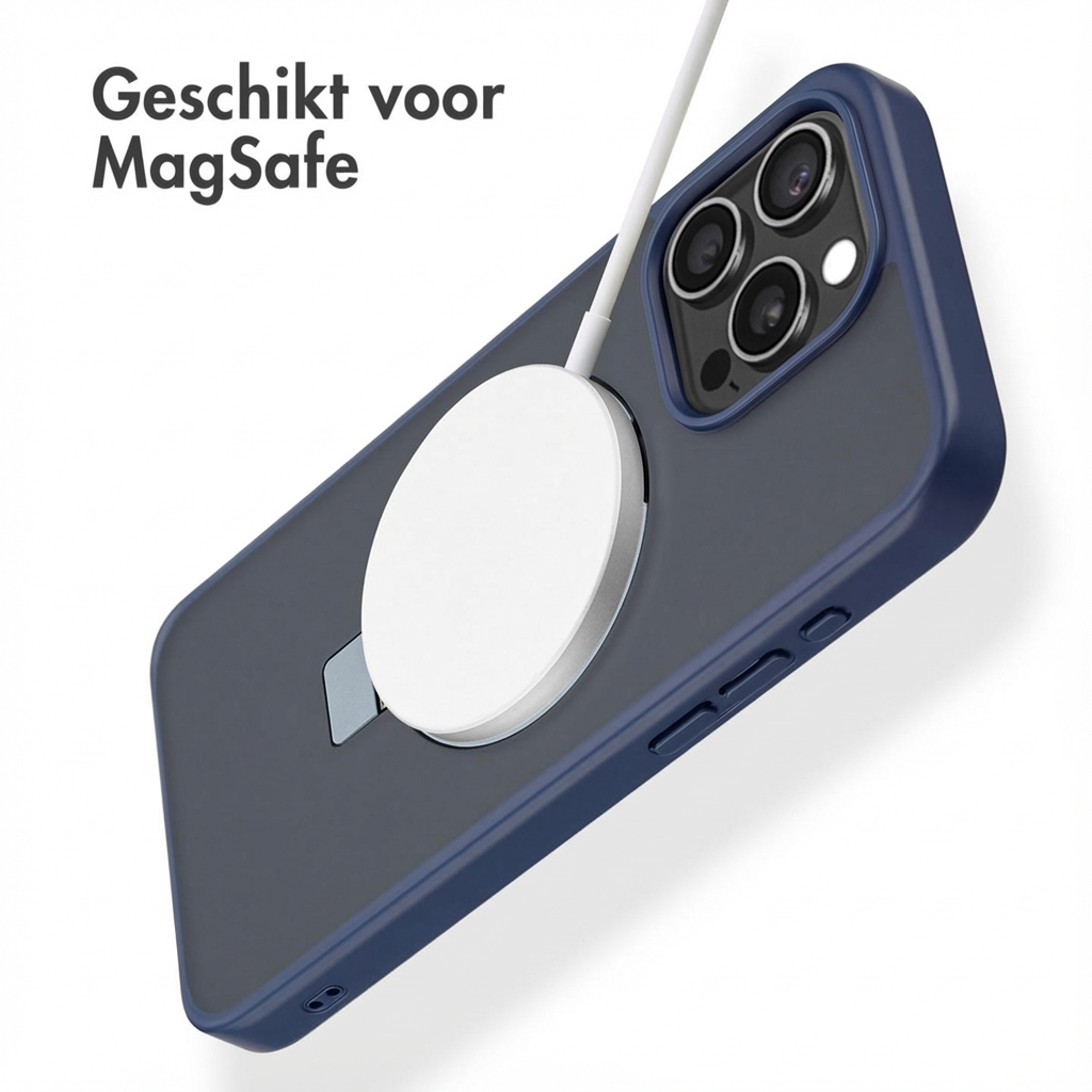 Custodia blu scuro per iPhone con caricatore MagSafe e cavo.