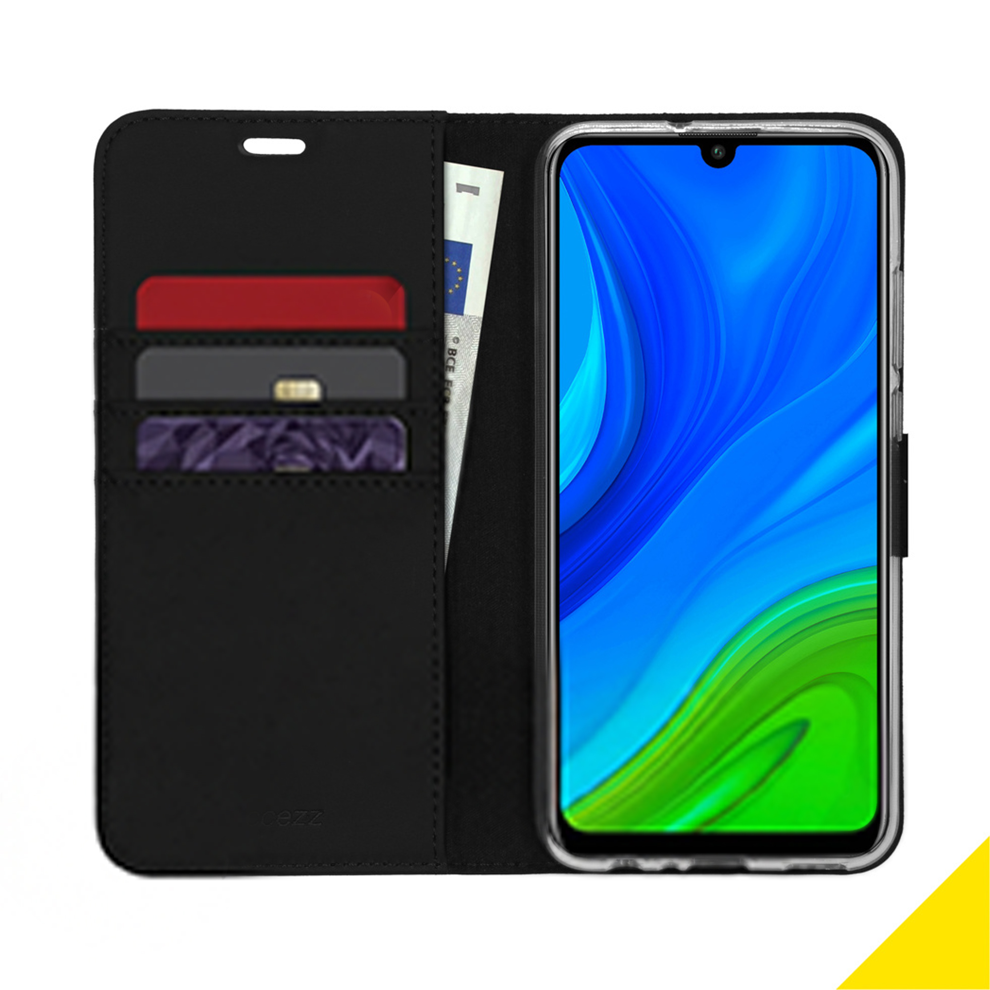 Black phone flip case with card slots and a banknote, next to a smartphone.