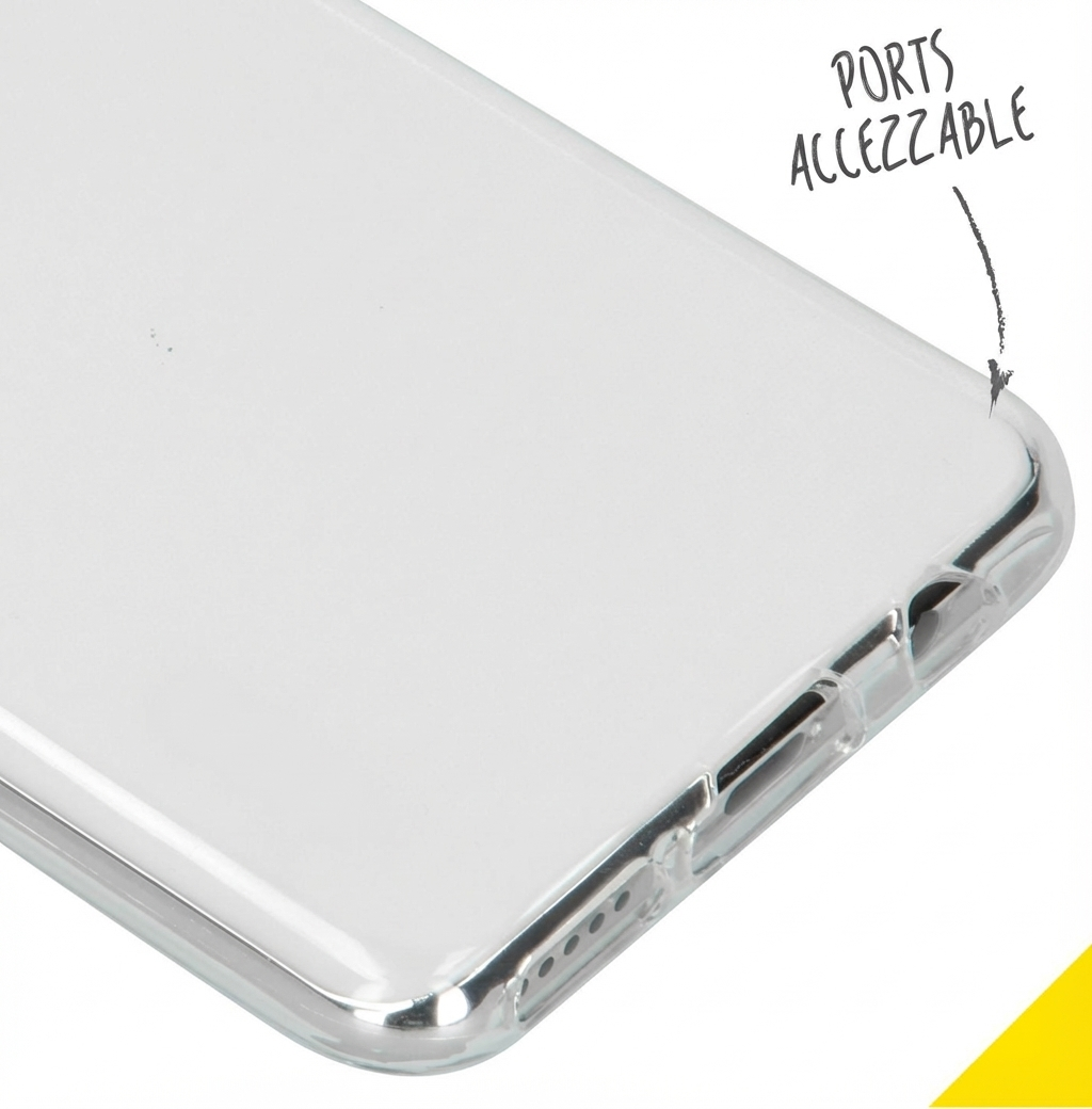Clear phone case shows accessible ports on the bottom edge.