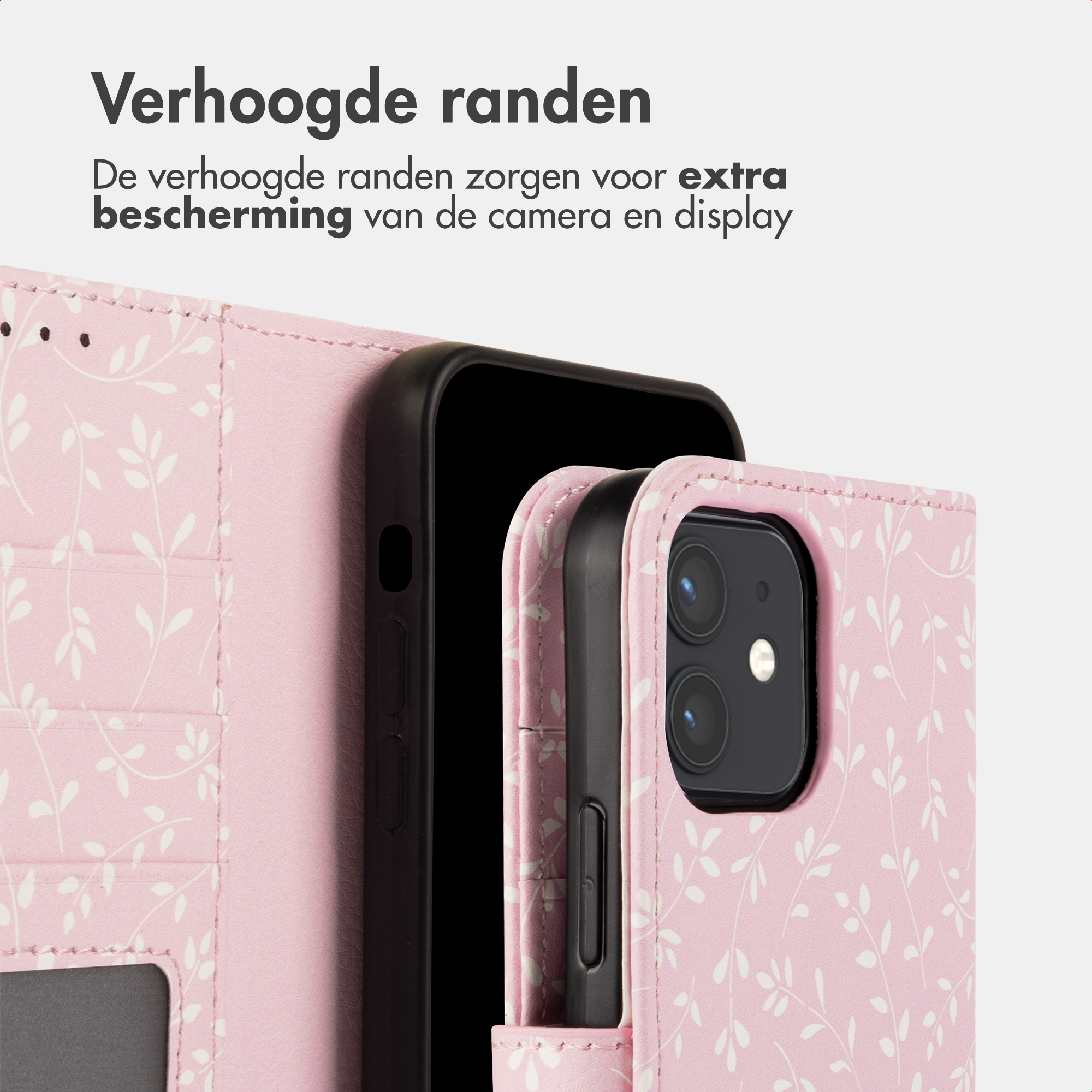 Una custodia per telefono rosa con motivo a foglia, che mostra un telefono all'interno.