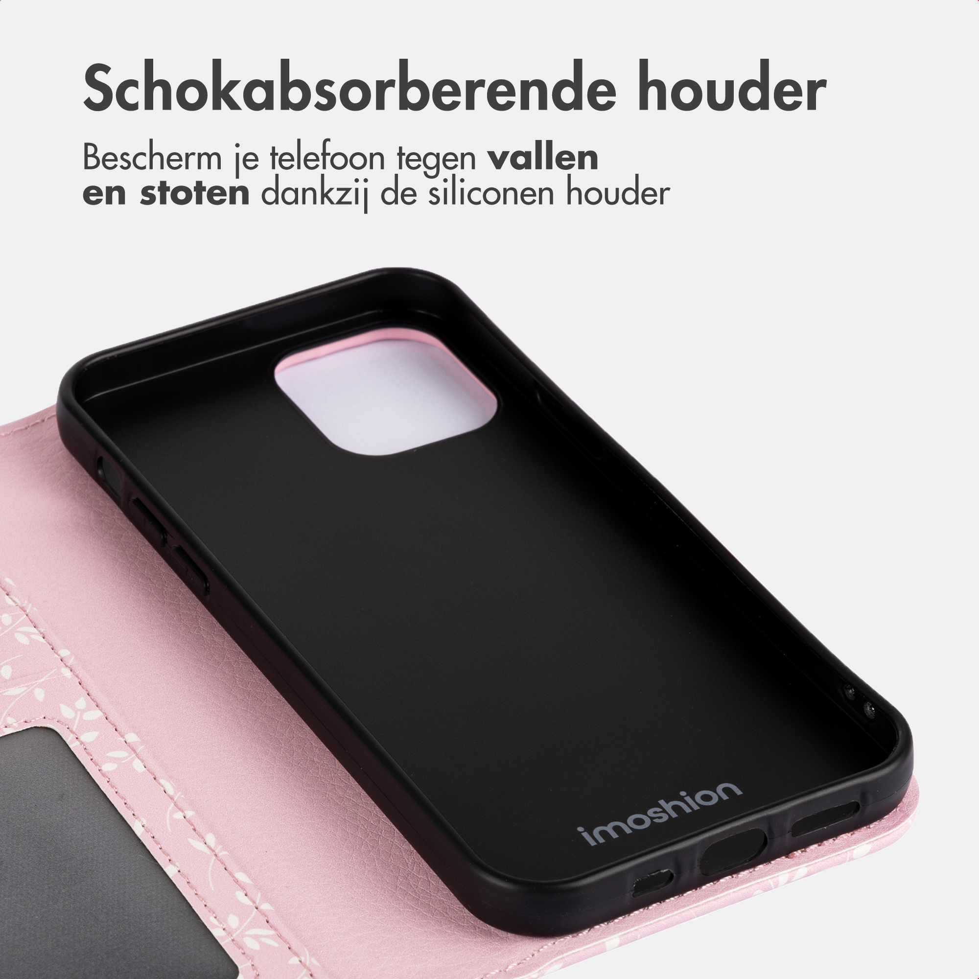 Una custodia nera per telefono con motivo floreale rosa e logo Imoshion.