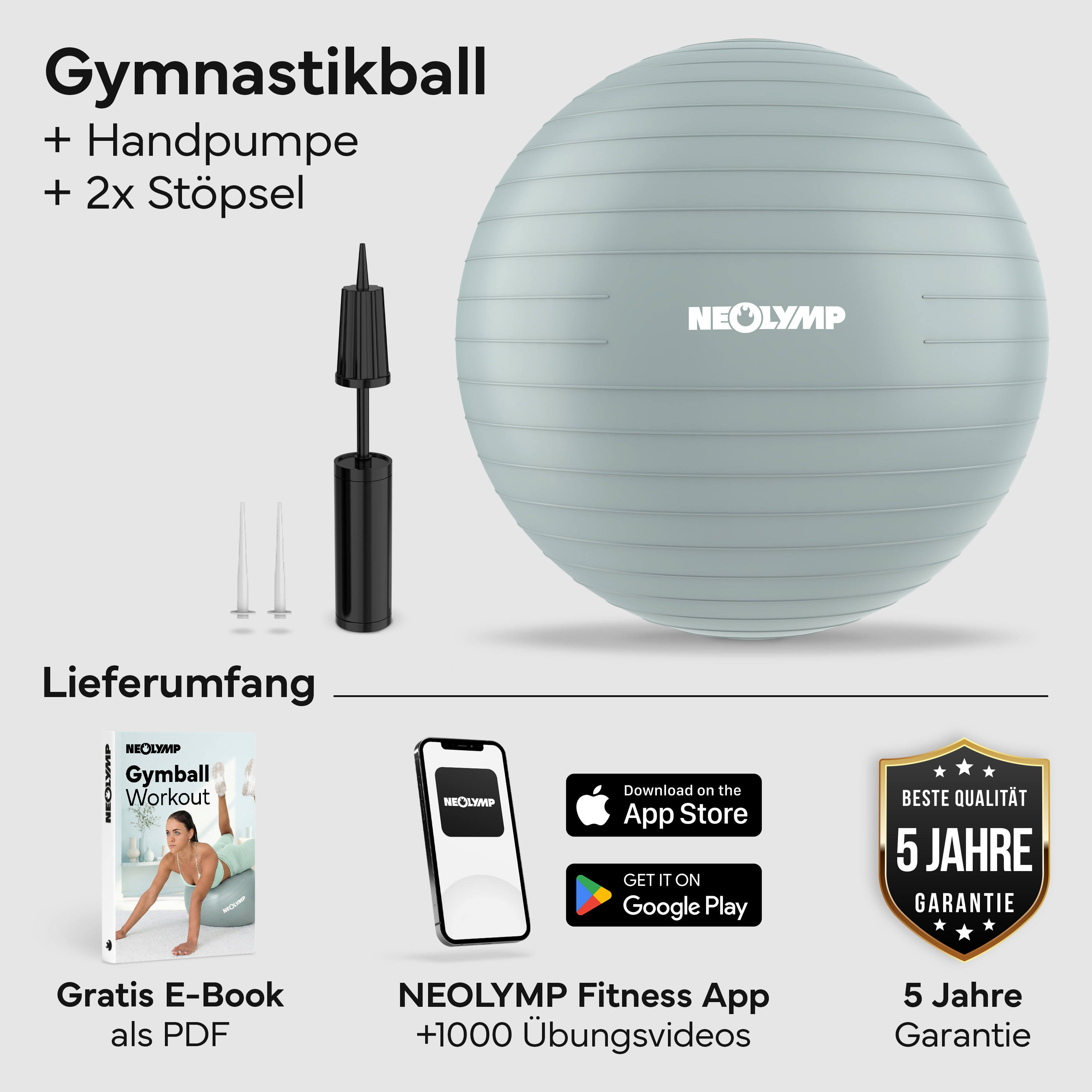 Ein hellgrüner Gymnastikball mit Pumpe, E-Book, App und Garantie.