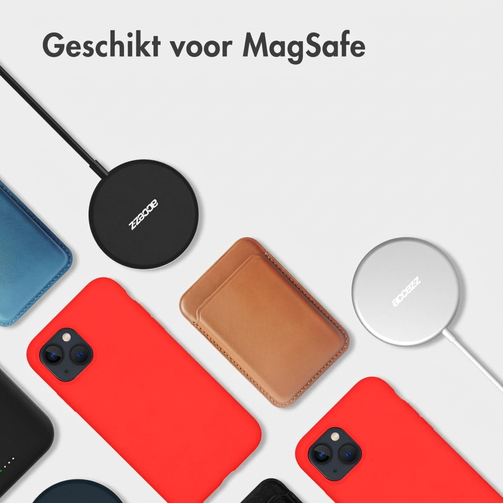 Caricabatterie MagSafe neri e argento con custodie rosse e blu.