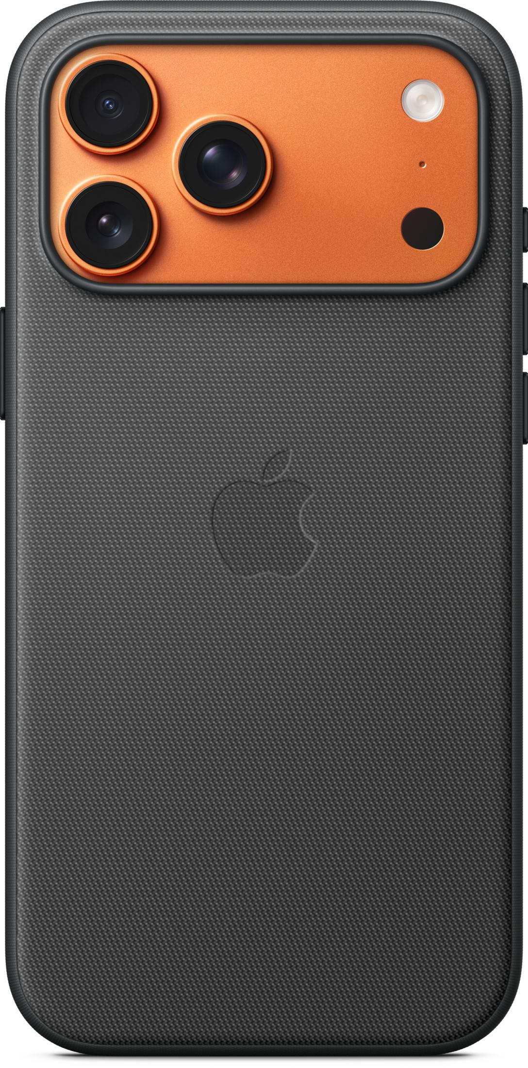 Retro di un iPhone nero con tre fotocamere e un accento arancione.