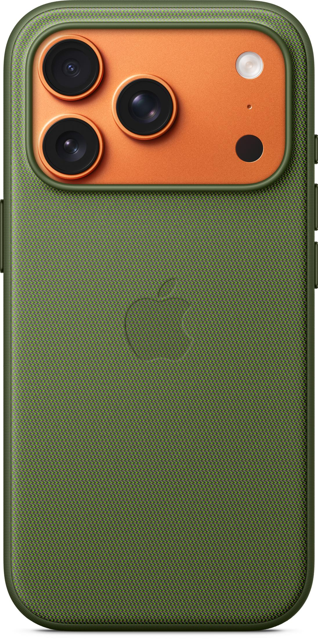 Telefono verde con retro arancione e tre obiettivi della fotocamera in alto.