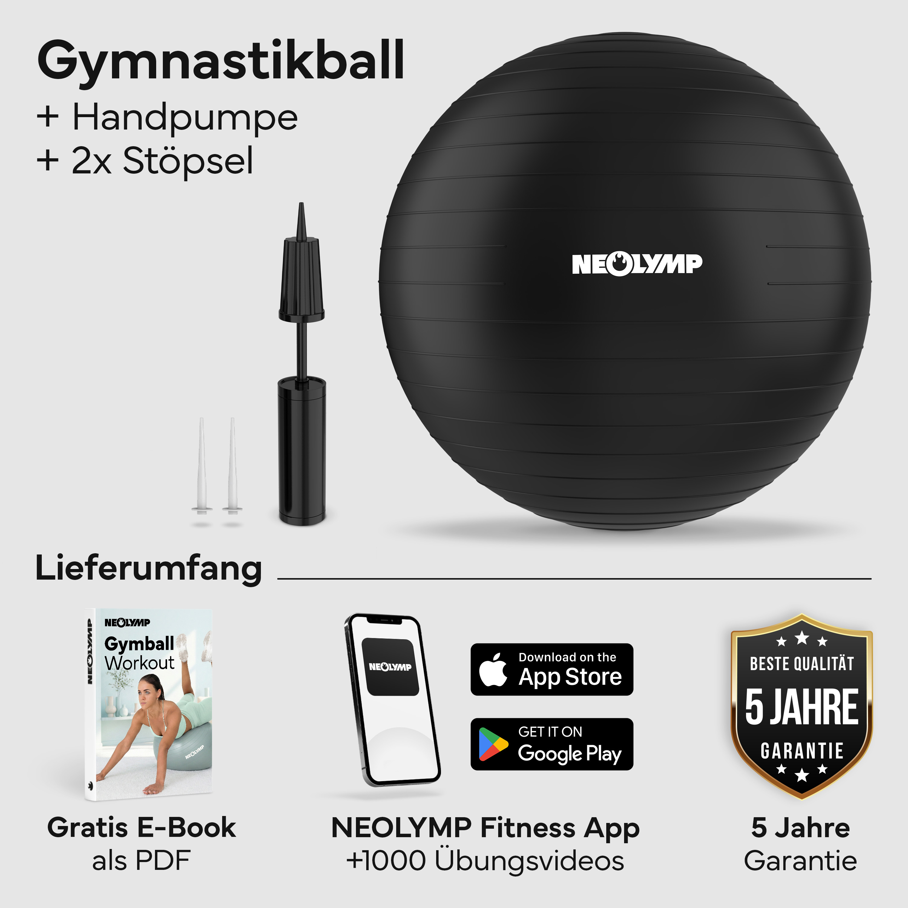 Schwarzer Gymnastikball mit Handpumpe, Stöpseln, E-Book und App.