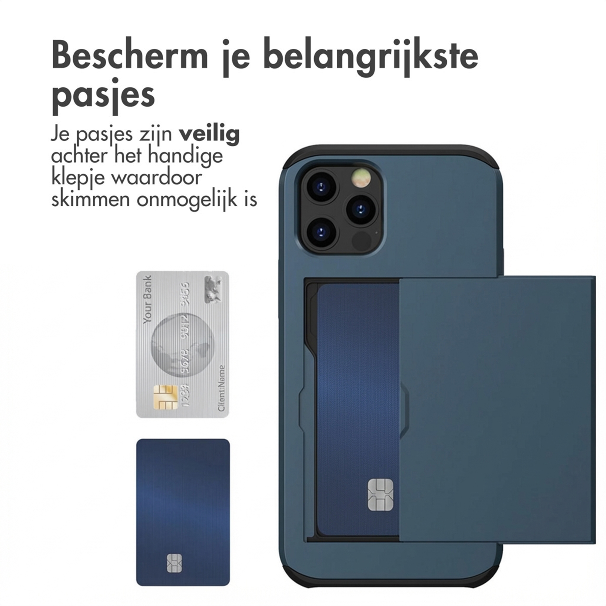 Una custodia blu per telefono con porta carte, accanto a una carta di credito.