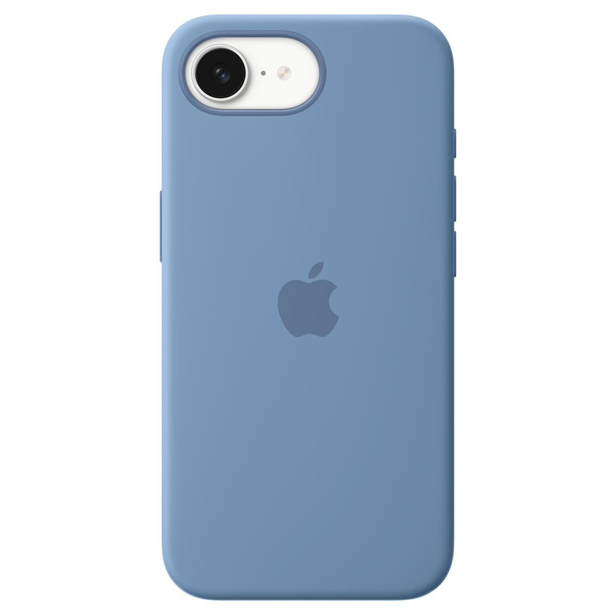 Una funda azul para iPhone con cámara y logo de Apple.