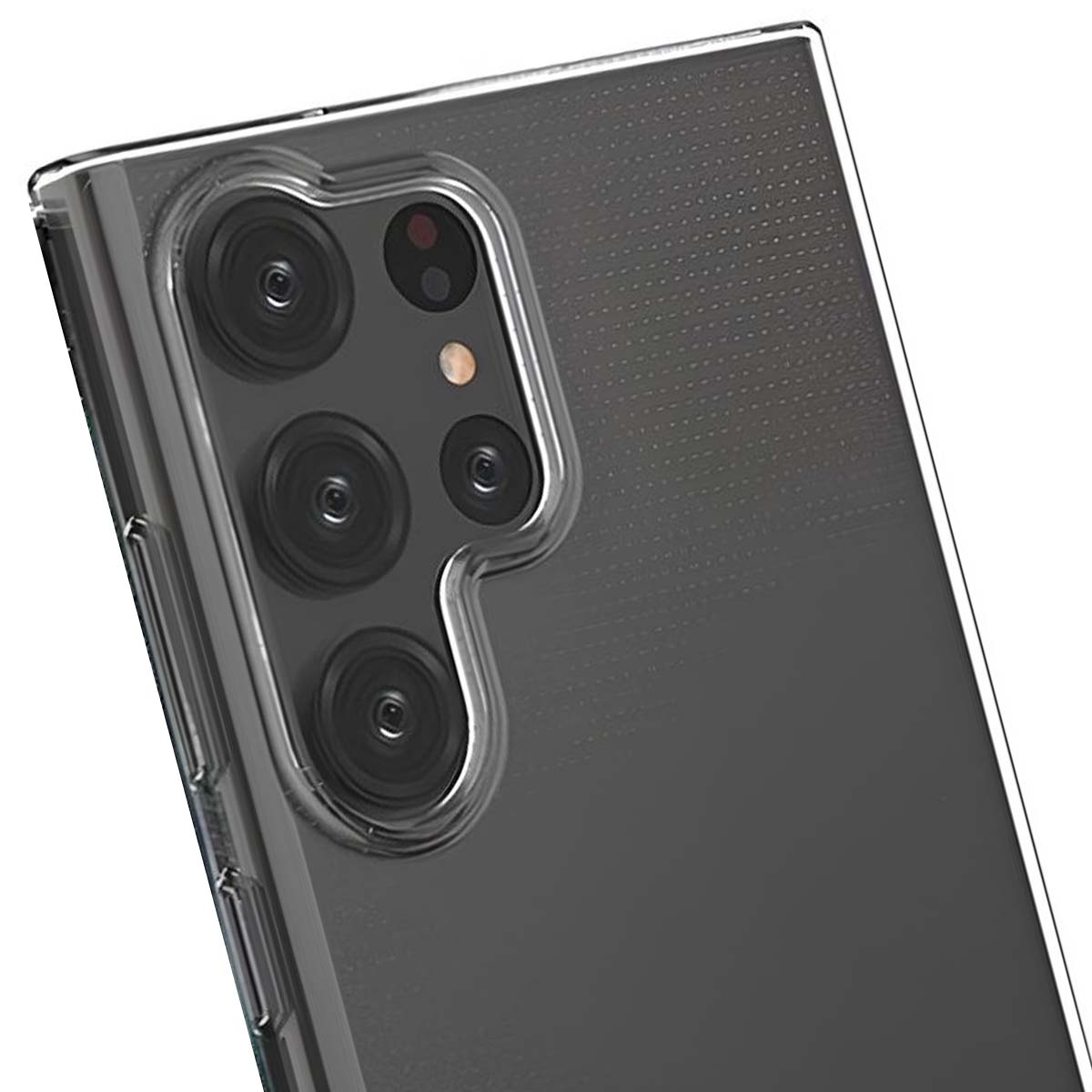 Custodia trasparente per telefono rivela modulo fotocamera con quattro lenti e flash.