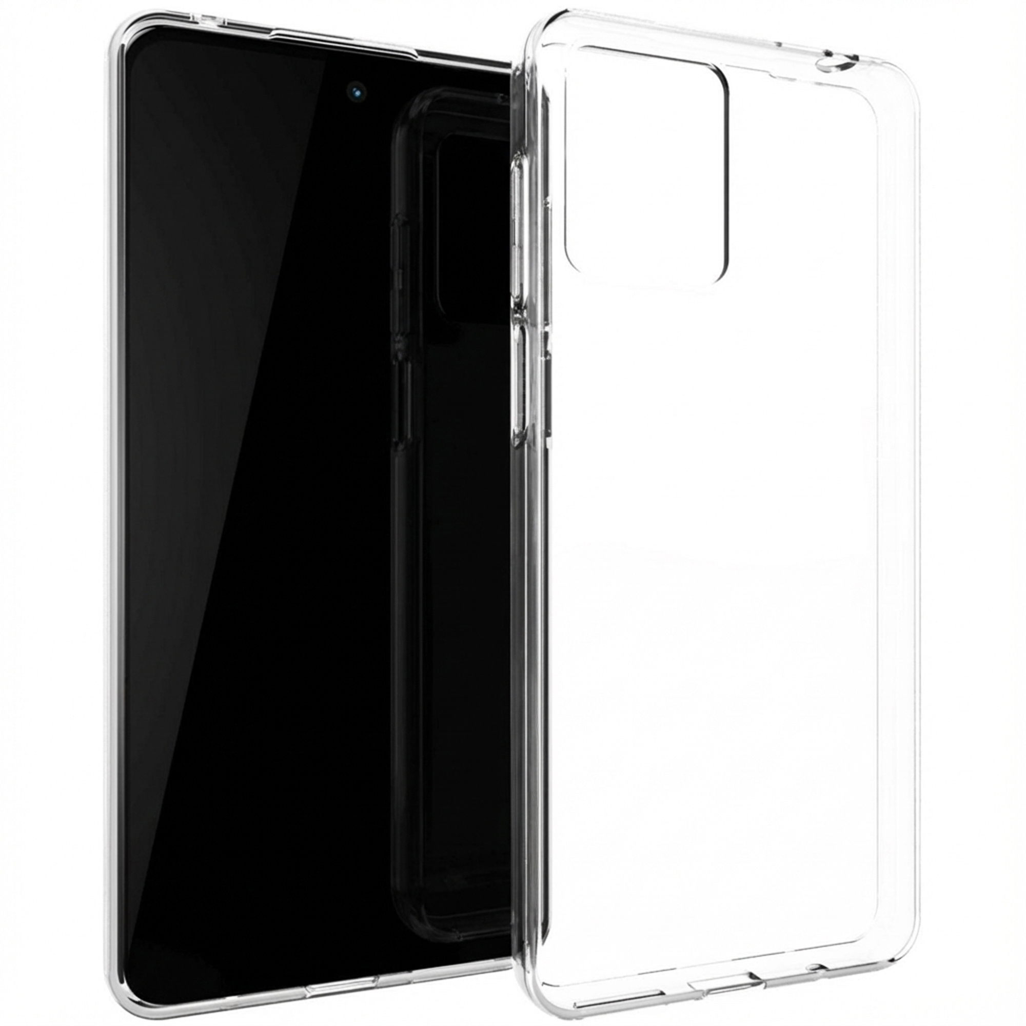 Una cover trasparente accanto a uno smartphone nero.