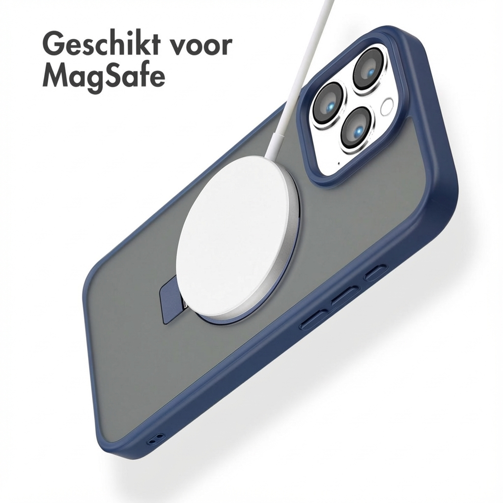 Una custodia blu per iPhone con caricatore MagSafe e tre fotocamere.