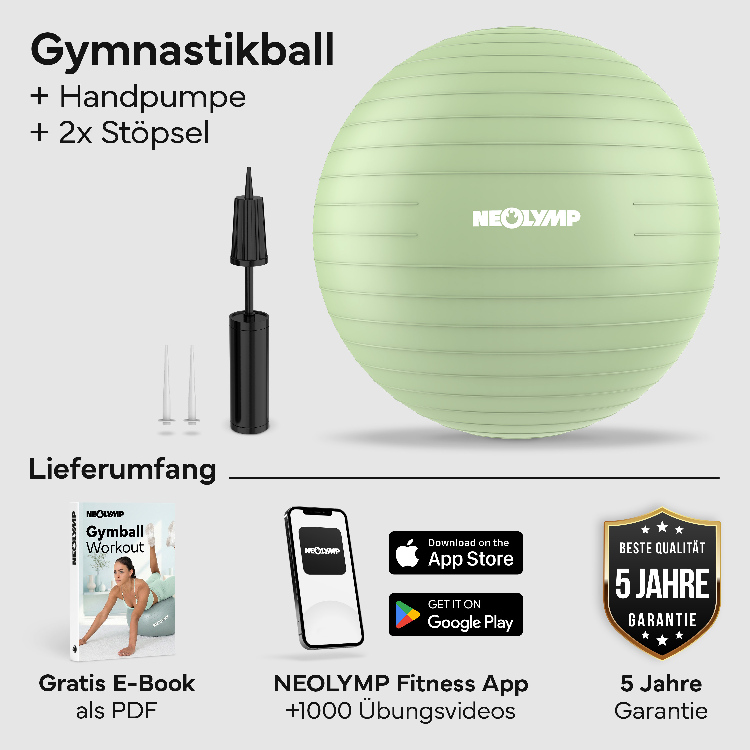 Ein hellgrüner Gymnastikball mit Pumpe, Stöpseln, E-Book und App.