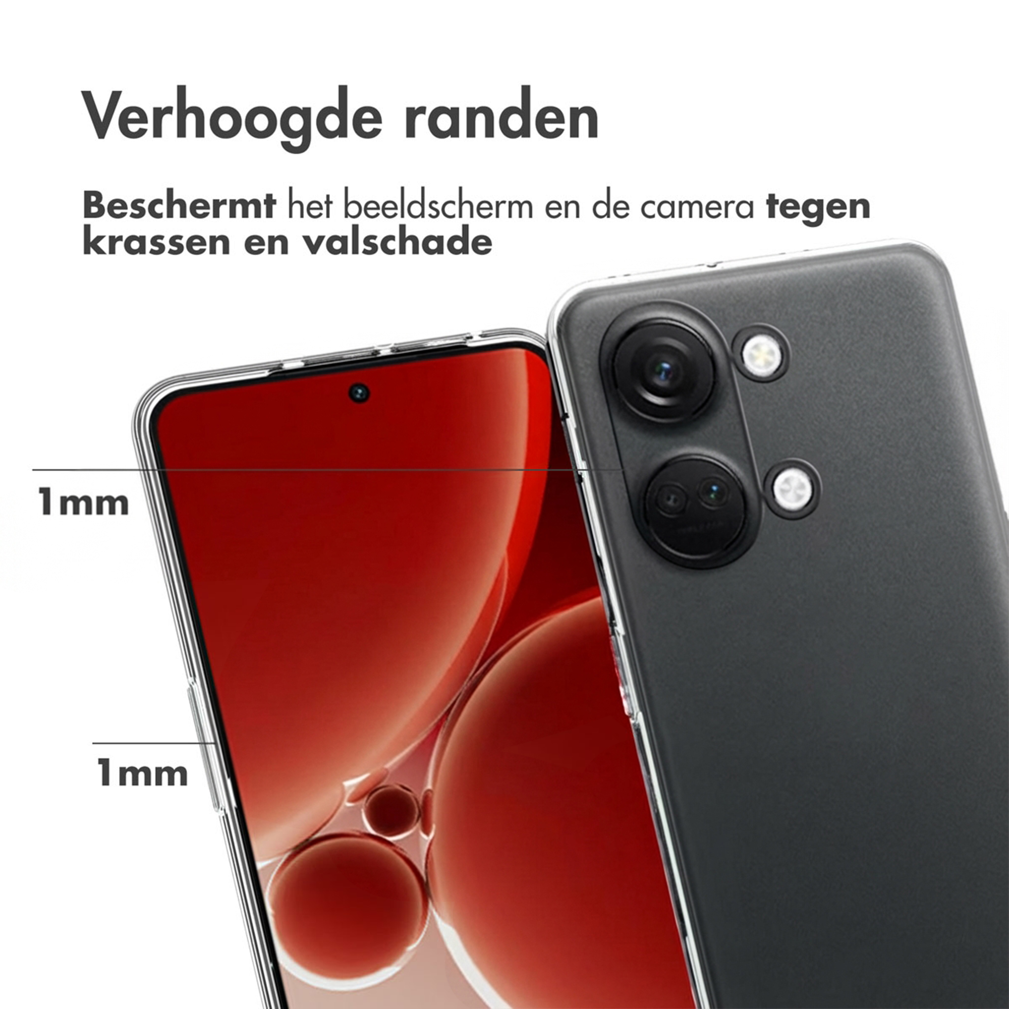 Custodia trasparente per telefono con bordi rialzati protegge schermo e fotocamera.