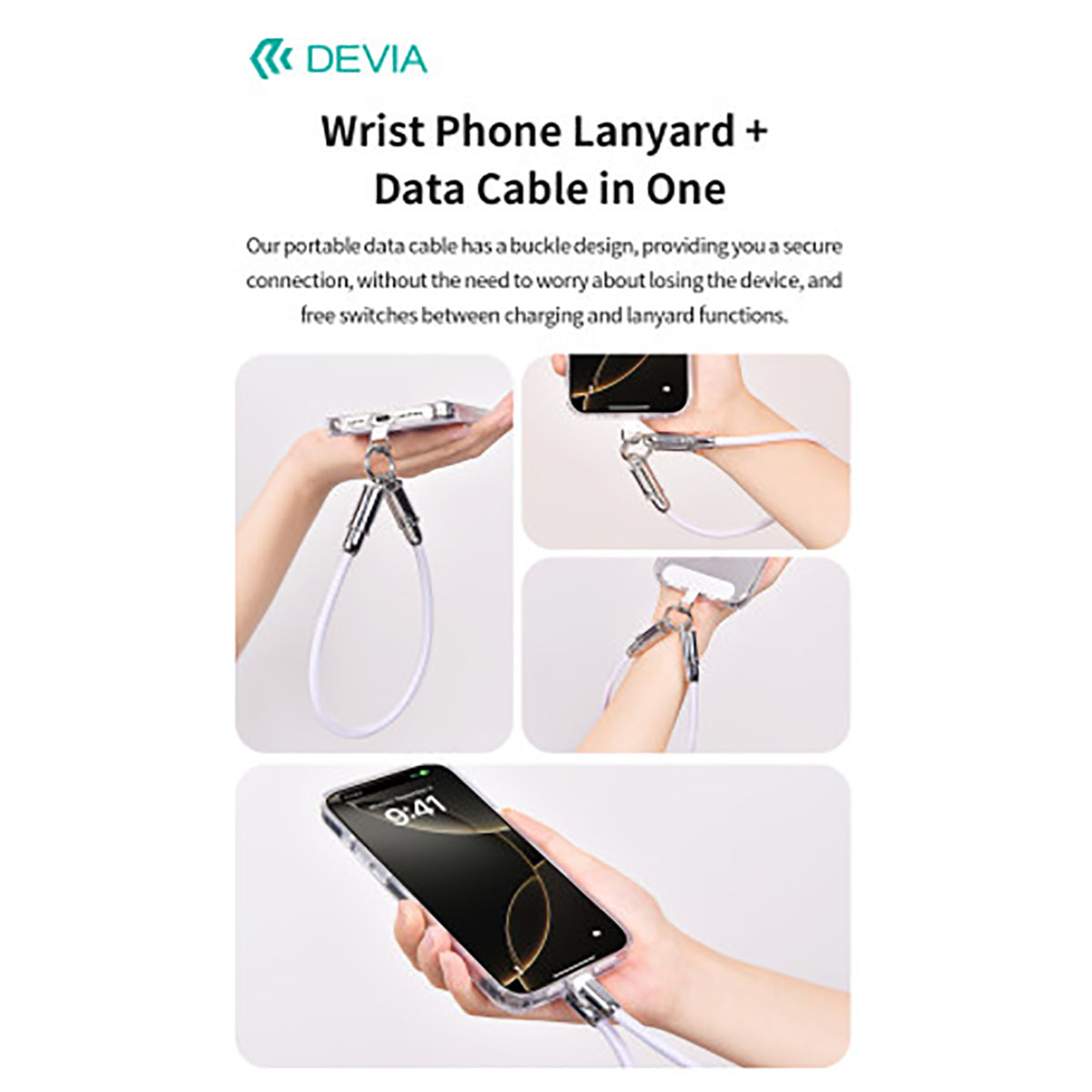Eine Hand hält ein Smartphone mit einem weißen Lanyard und Datenkabel.