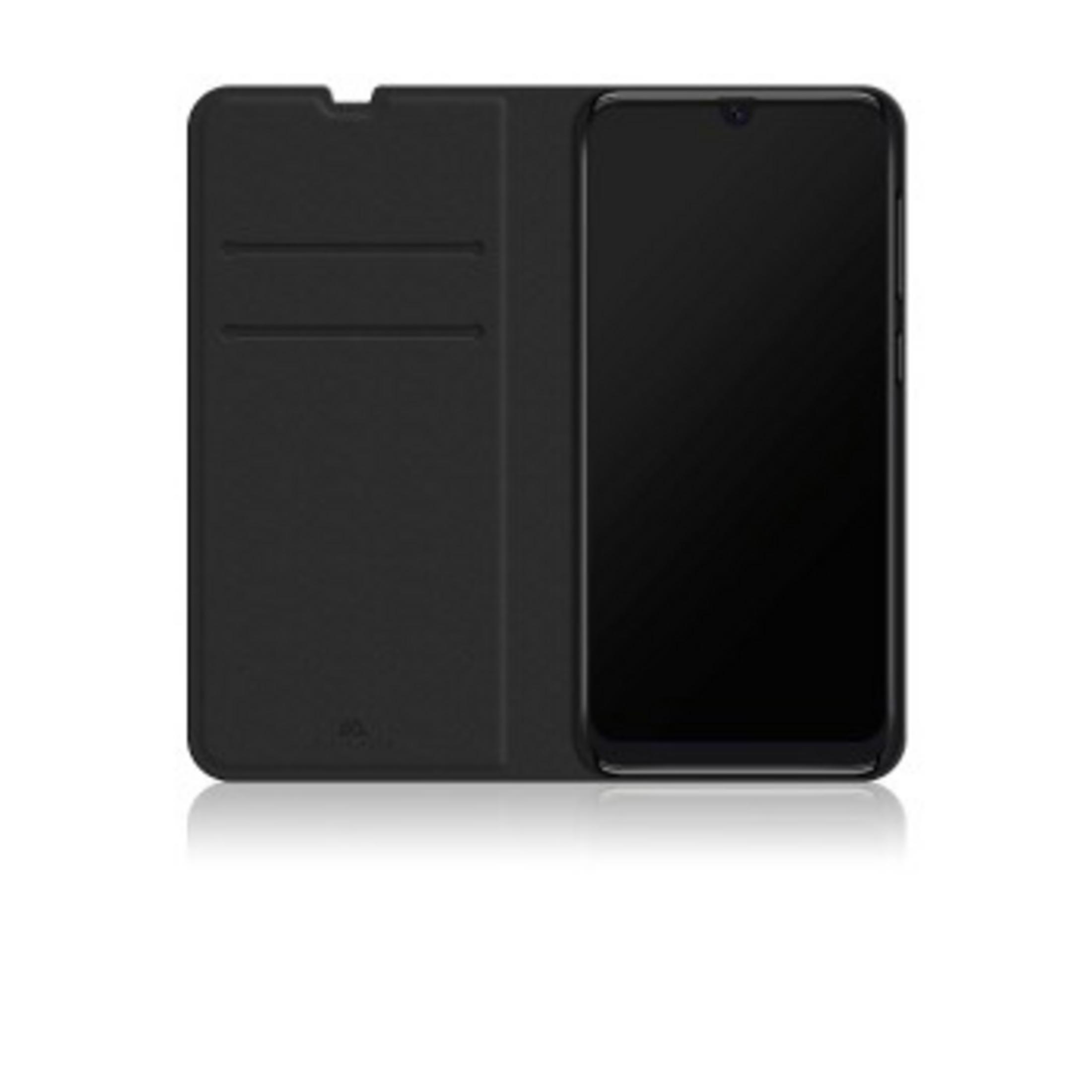 Una custodia nera per smartphone con una copertina aperta che ha due fessure per carte, mostrando uno smartphone nero all'interno.