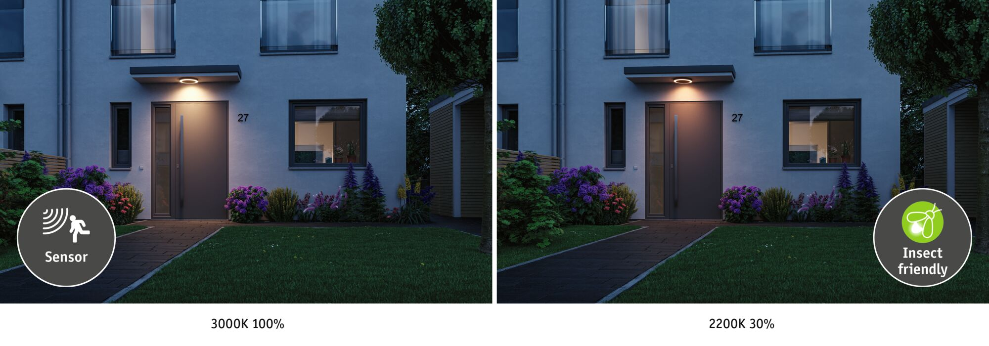 Zwei Ansichten eines Hauses bei Nacht. Links: Sensorlicht 3000K 100%. Rechts: Insektenfreundliches Licht 2200K 30%.